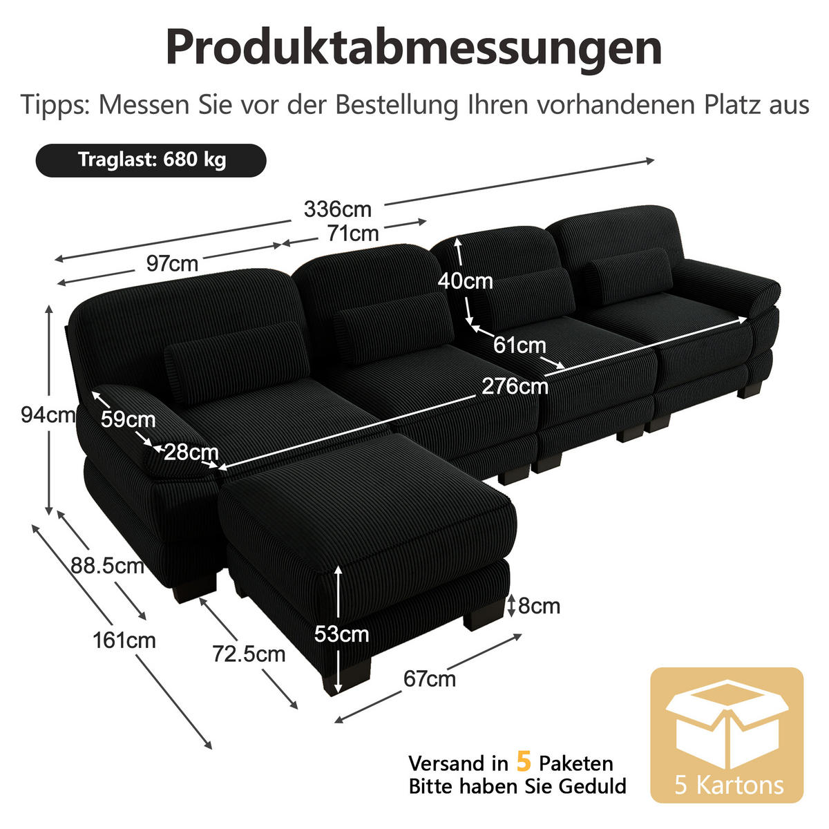 ECKSOFA 4-Sitzer L-Form mit Hocker, DE-42659, Schwarz - Schwarz, Holz (336/161cm) - ComfortXL