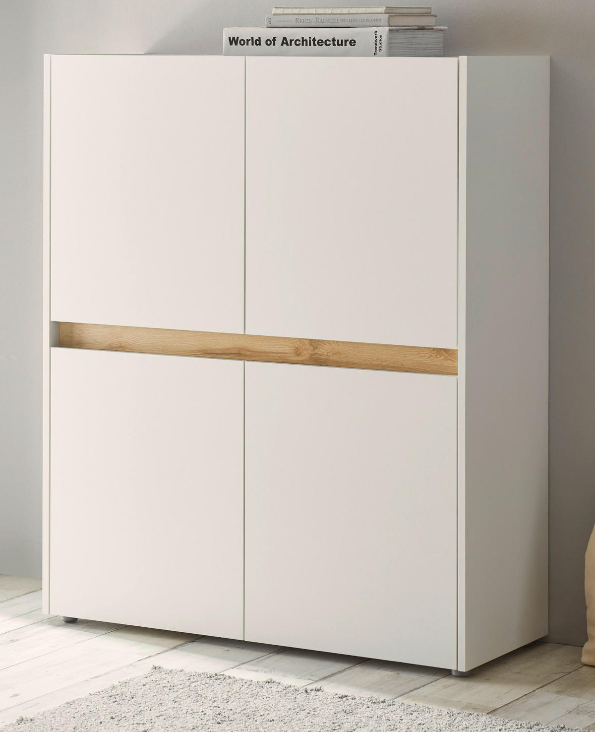 AKTENSCHRANK Weiß matt, Eiche Wotan 100 x 122 cm, Highboard 4-türig mit viel Stauraum - Eichefarben/Silberfarben, Holzwerkstoff/Kunststoff (100/122/40cm) - Furn.Design