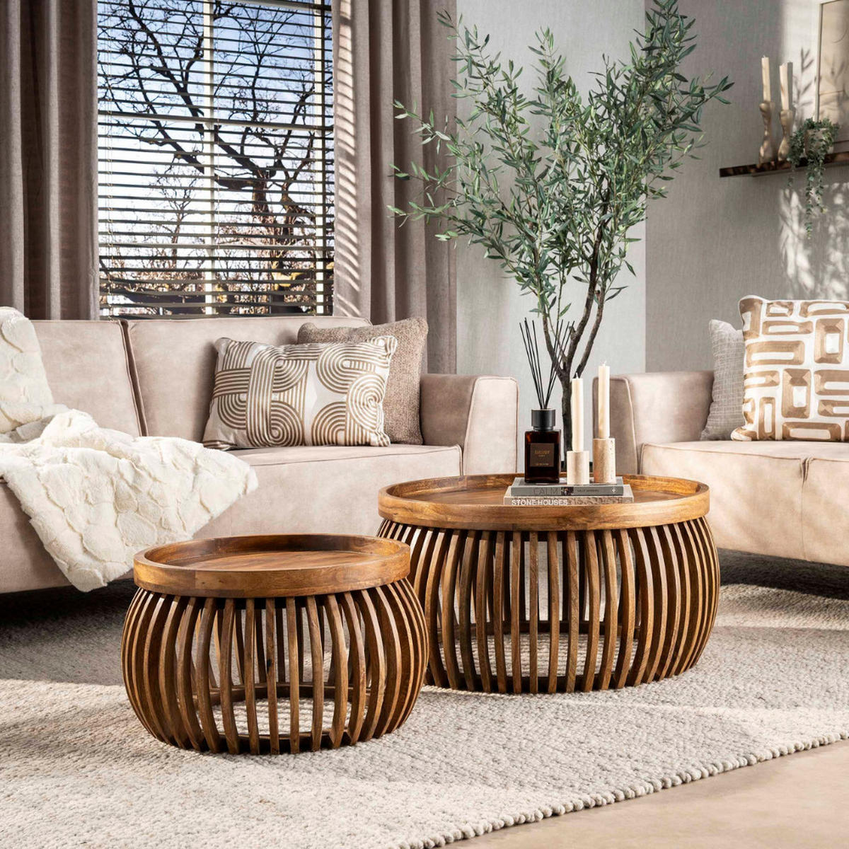 COUCHTISCH-SET DARIO GLOBE Satztische in edler Lamellen-Optik - Sandfarben, Holz (78/78/40cm) - alesvelt
