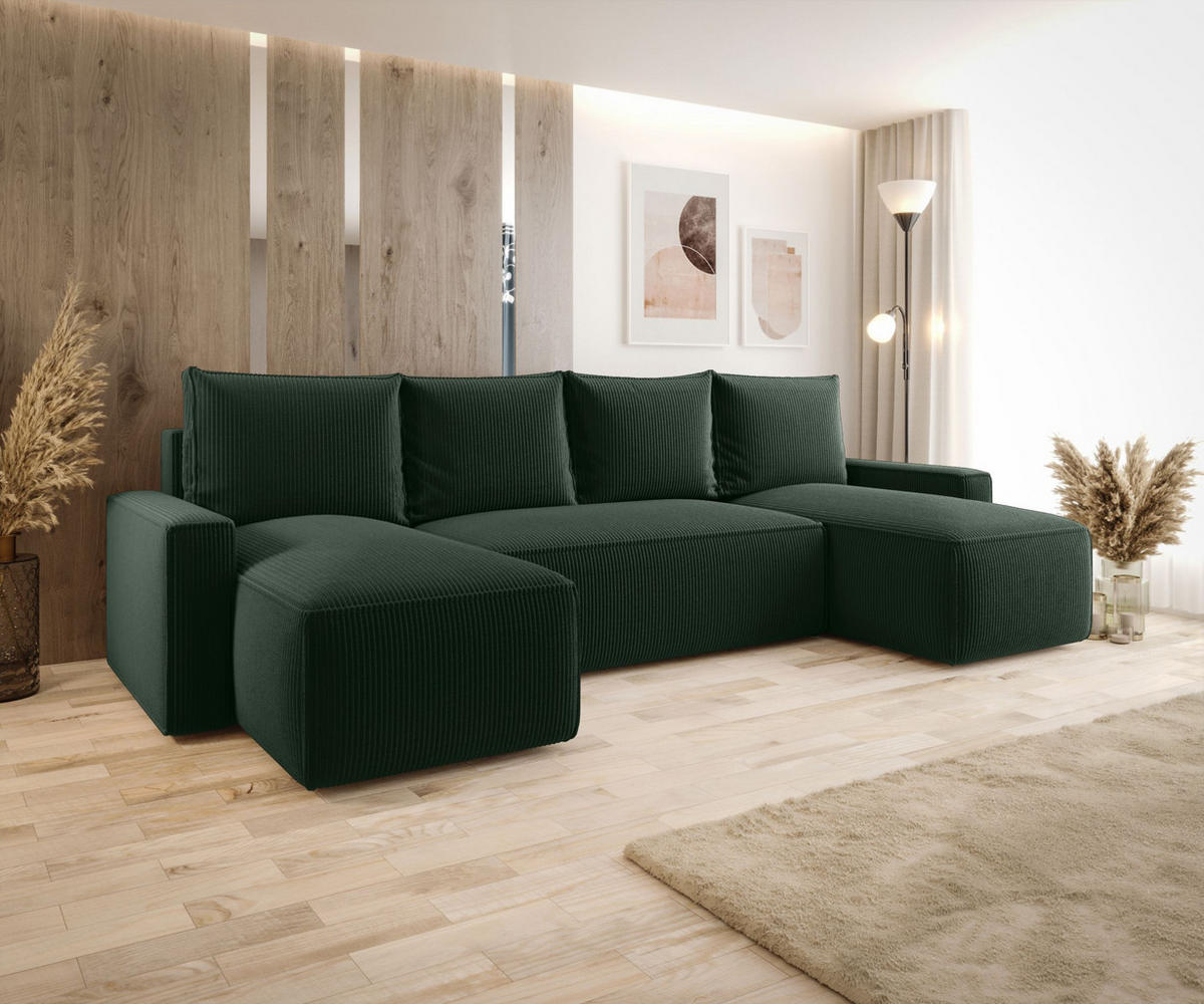 WOHNLANDSCHAFT mit Schlaffunktion SAVIO U Poso 14 - Dunkelgrün, Textil (300/75/140cm) - Bedante
