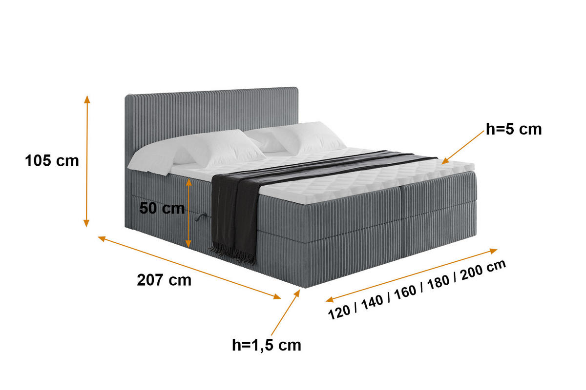 BOXBETT mit Matratze H3 und Lattenrost - TOLO - 140x200 Cord - Dunkelgrau - Dunkelgrau, Holzwerkstoff/Kunststoff (140/200cm) - ALTDECOR