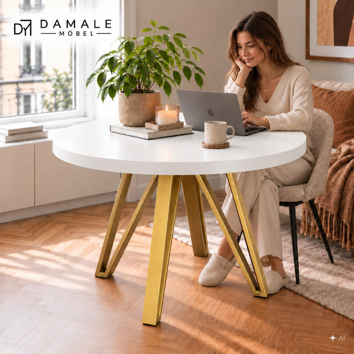 ESSTISCH rund ausziehbar 100/300/76 cm, Weiß, 54 cm Tischplatte + Industrial Metallgestell Gold - Goldfarben/Weiß, Holzwerkstoff/Metall (100/300/76cm) - Damale Möbel