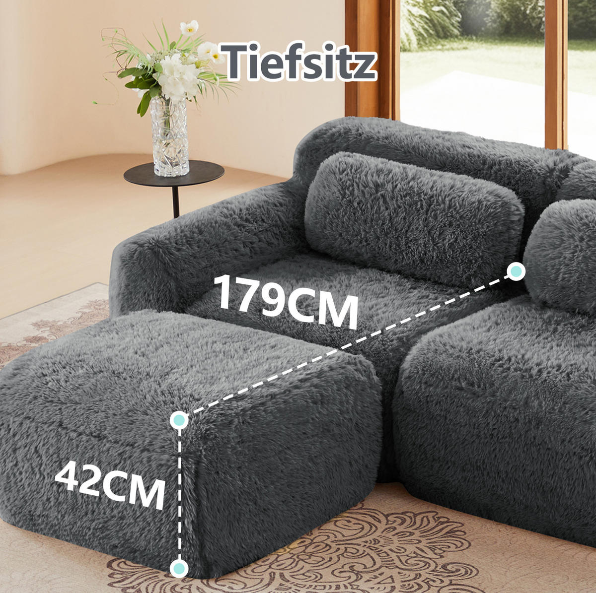 2-SITZER Sofa aus Plüschstoff, rahmenlos und modular mit Kissen, Grau - Grau, Textil (204/73/104cm) - Redom