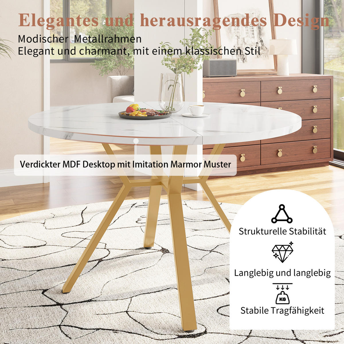ESSTISCH rund Ø 100 cm MDF Marmoroptik Weiß Gold - Weiß, Holz (100/100/75cm) - Meubliv