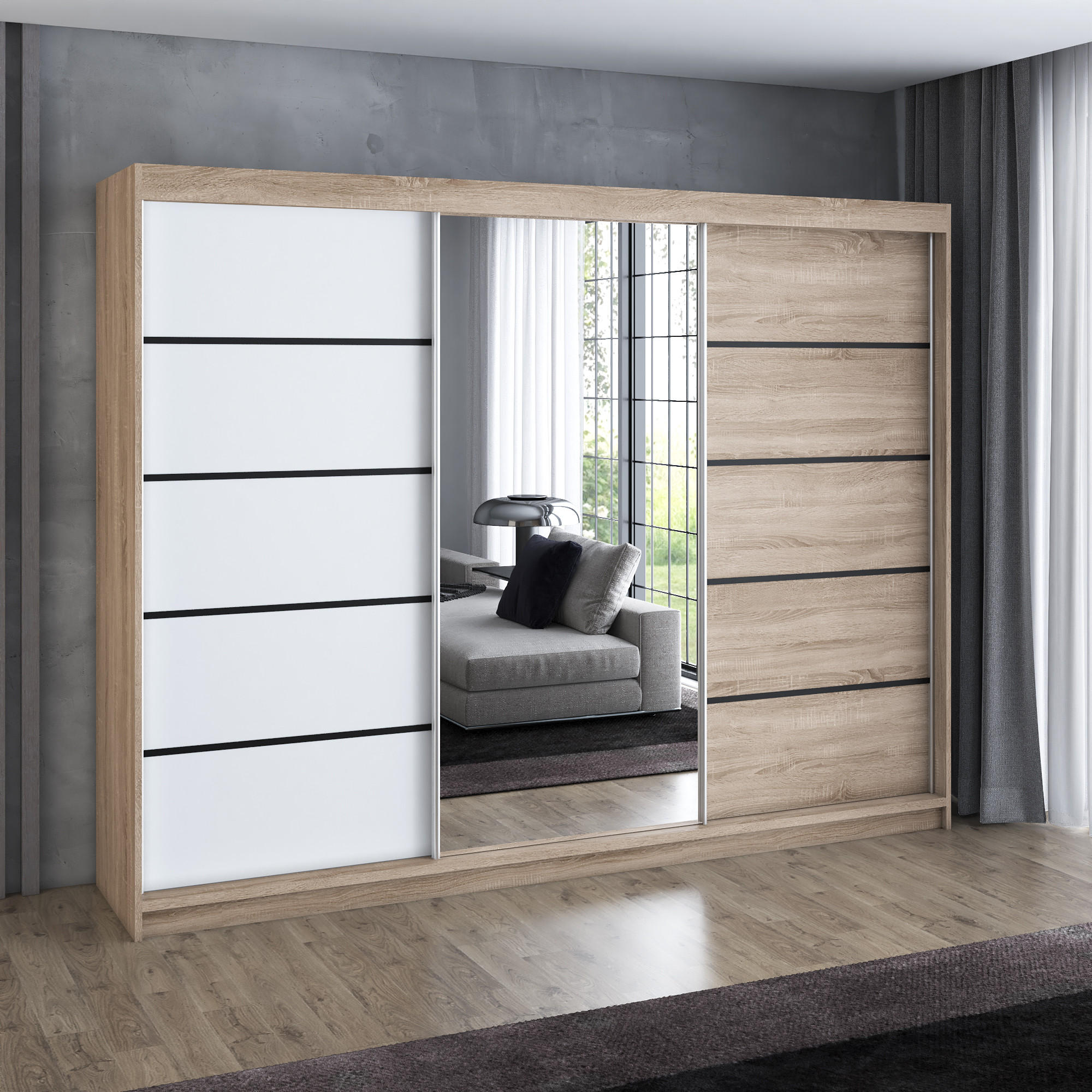SCHWEBETÜRENSCHRANK 200 cm VILANO 2 Farbe: Sonoma, Weiß, Sonoma - Braun/Weiß, Holzwerkstoff (200/215/59.5cm) - A&J MöbelLand