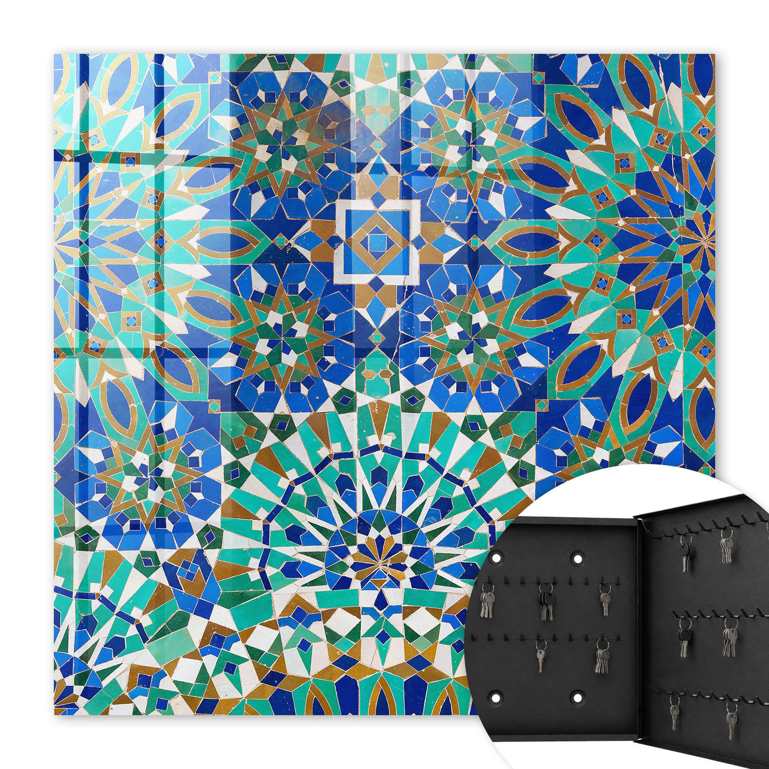 SCHLÜSSELBOX Schwarz 30x30 cm- Türöffnung nach rechts - Geometrisches Mosaik - Blau, Metall (30/30/5cm) - TULUP