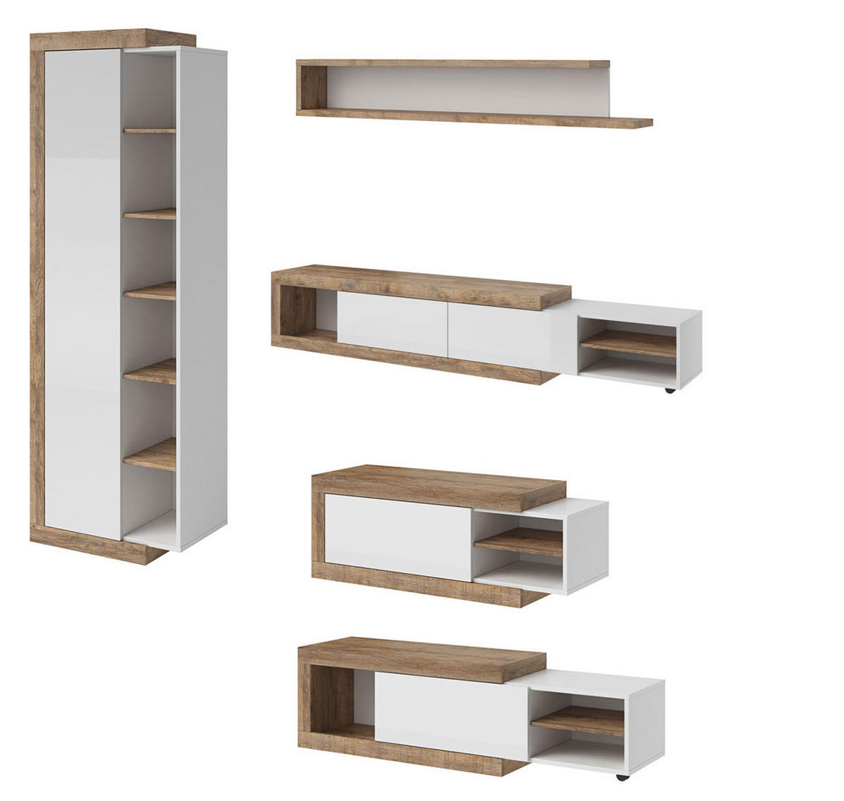 WOHNZIMMER-SET 4-teilig Saragossa weiß Hochglanz / Samdal Eiche - Weiß Hochglanz/Braun, Holz/Holzwerkstoff (227/200/60cm) - Feldmann-Wohnen