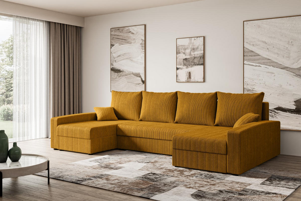 WOHNLANDSCHAFT mit Schlaffunktion und Bettkasten ALESIA-U 301x140x90 cm Senfgelb Cord - Gelb/Silberfarben, Holzwerkstoff/Kunststoff (301/90/140cm) - ALTDECOR