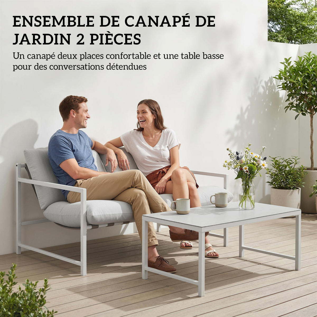 GARTENLOUNGE DE-13531 2-teilig, mit Tisch & 20 cm Kissen Hellgrau - Hellgrau, Metall - ComfortXL