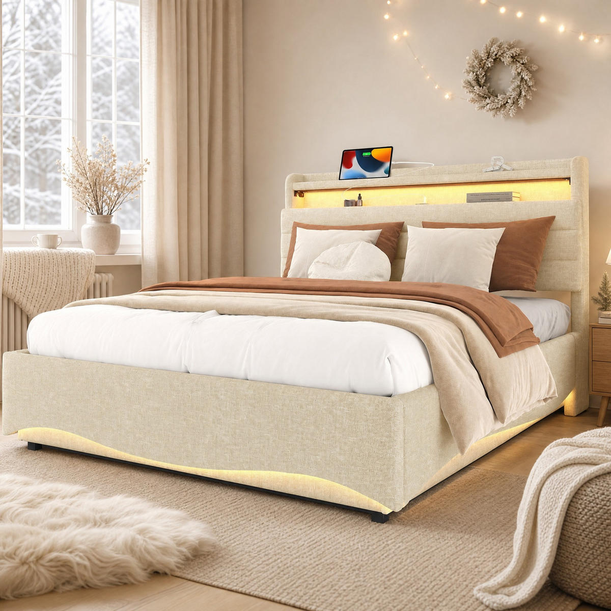 POLSTERBETT 140/200 mit Bettkasten, LED und USB in Beige - Beige, Holzwerkstoff/Textil (140/200cm) - EVRYAE