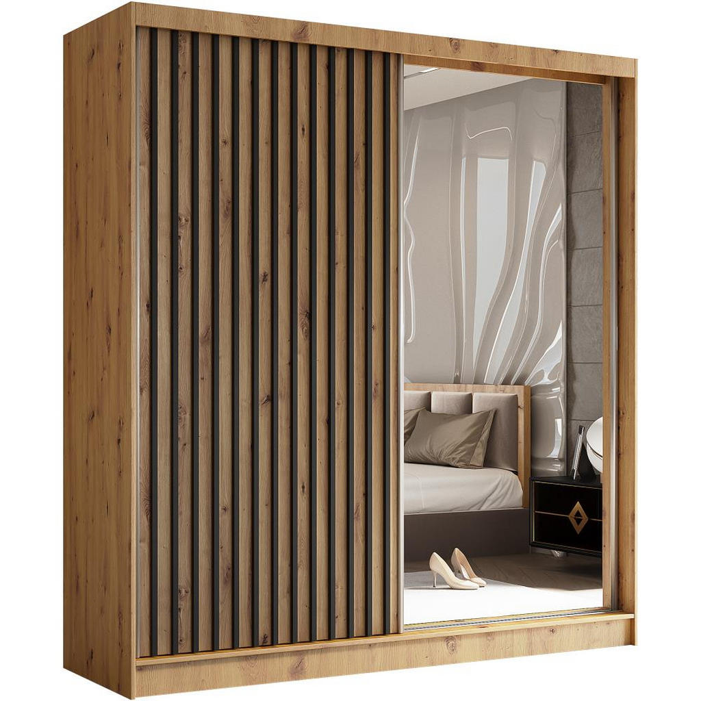 Beautysofa SKŘÍŇ s posuvnými dveřmi Helix 200/216/61 dub Artisan + černá se zásuvkami