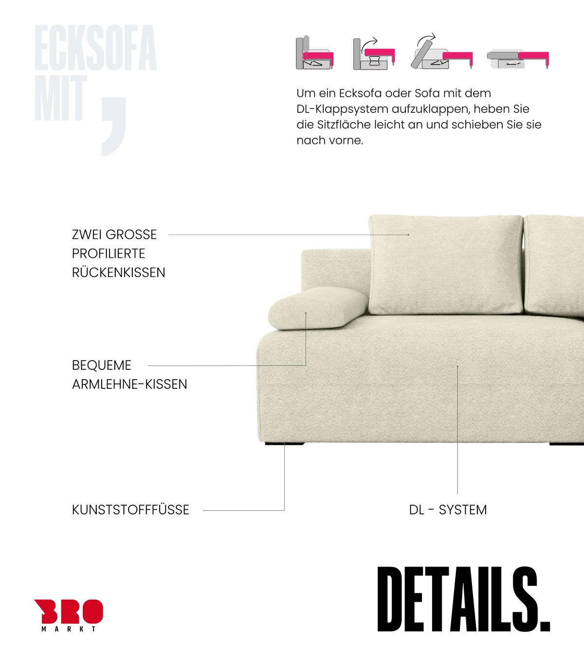 ECKSOFA Ernest mit Schlaffunktion Beige Bouclé - Weiß, Textil (200/145cm) - Bromarkt