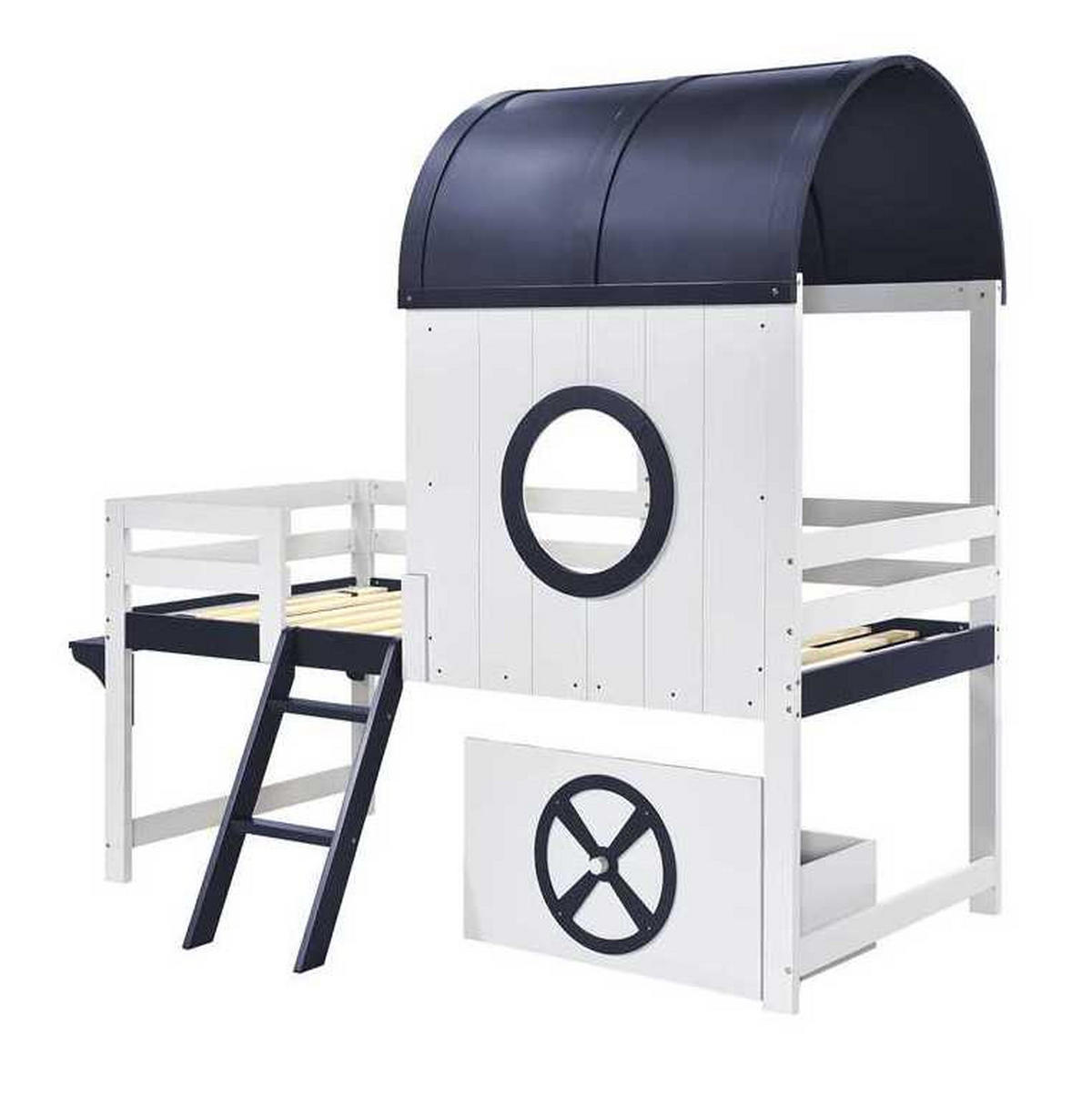 HALBHOHES Kinderbett 90/200 cm mit Dach, Fenster, Schublade und Schrägleiter aus Kiefer/MDF, Weiß/Dunkelblau - Weiß, Holzwerkstoff (90/200cm) - Redom