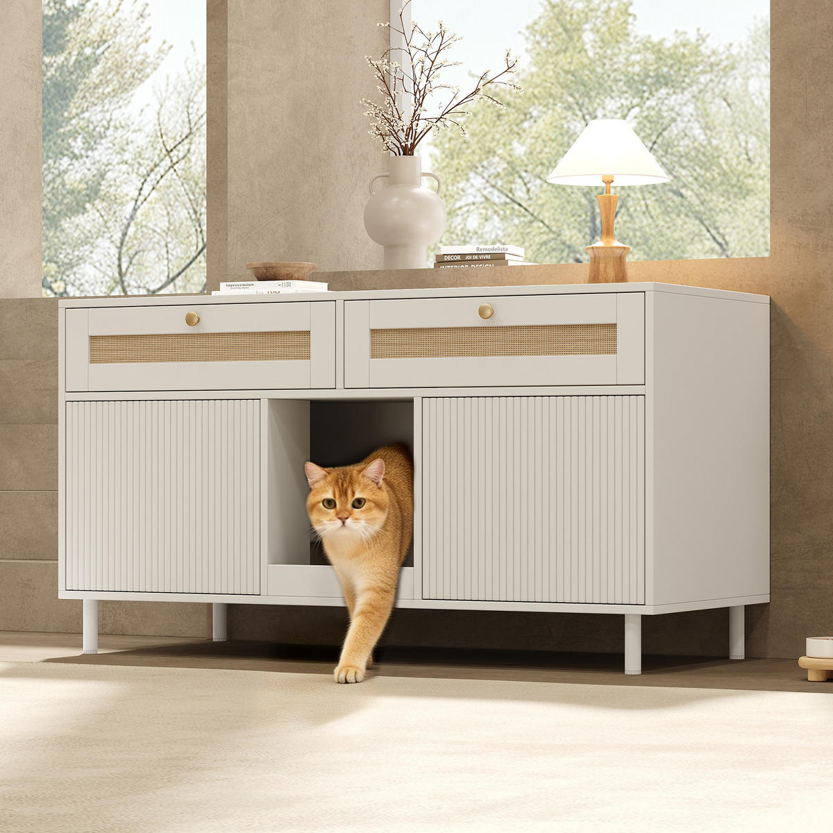 SIDEBOARD Weiß aus MDF 120×50×65cm als Katzentoilettenschrank mit Sandfangmatte und Schublade - Weiß, Holzwerkstoff (50/65/120cm) - Luhomfu
