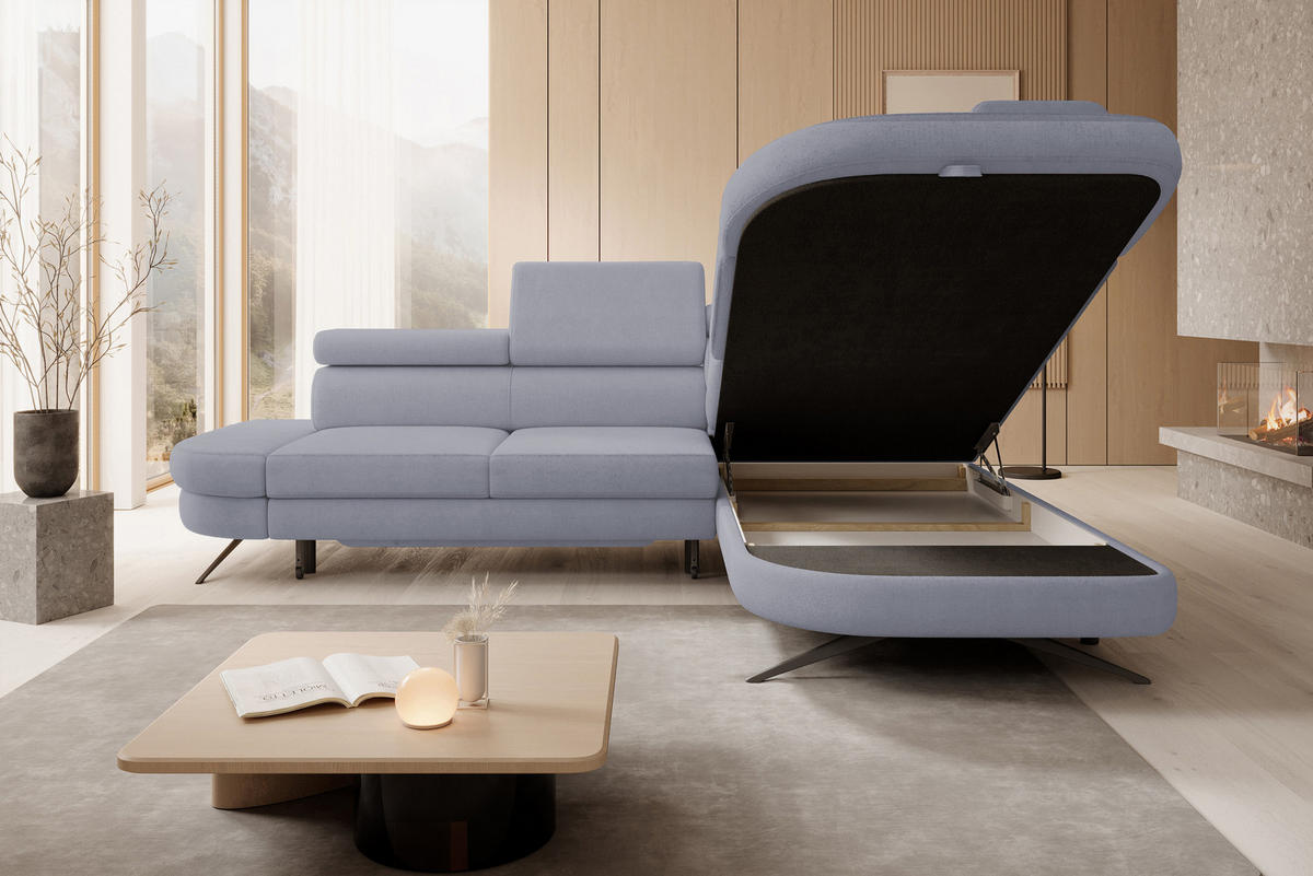 ECKSOFA OTIS L-förm, Schlaffunktion, verstellbare Kopfstützen, in AURORA-Stoff, lose Rückenkissen, freistehend, RECHTS 276x218x97 cm Light Grey - Hellgrau, Holz/Textil (276/218cm) - DomoHome