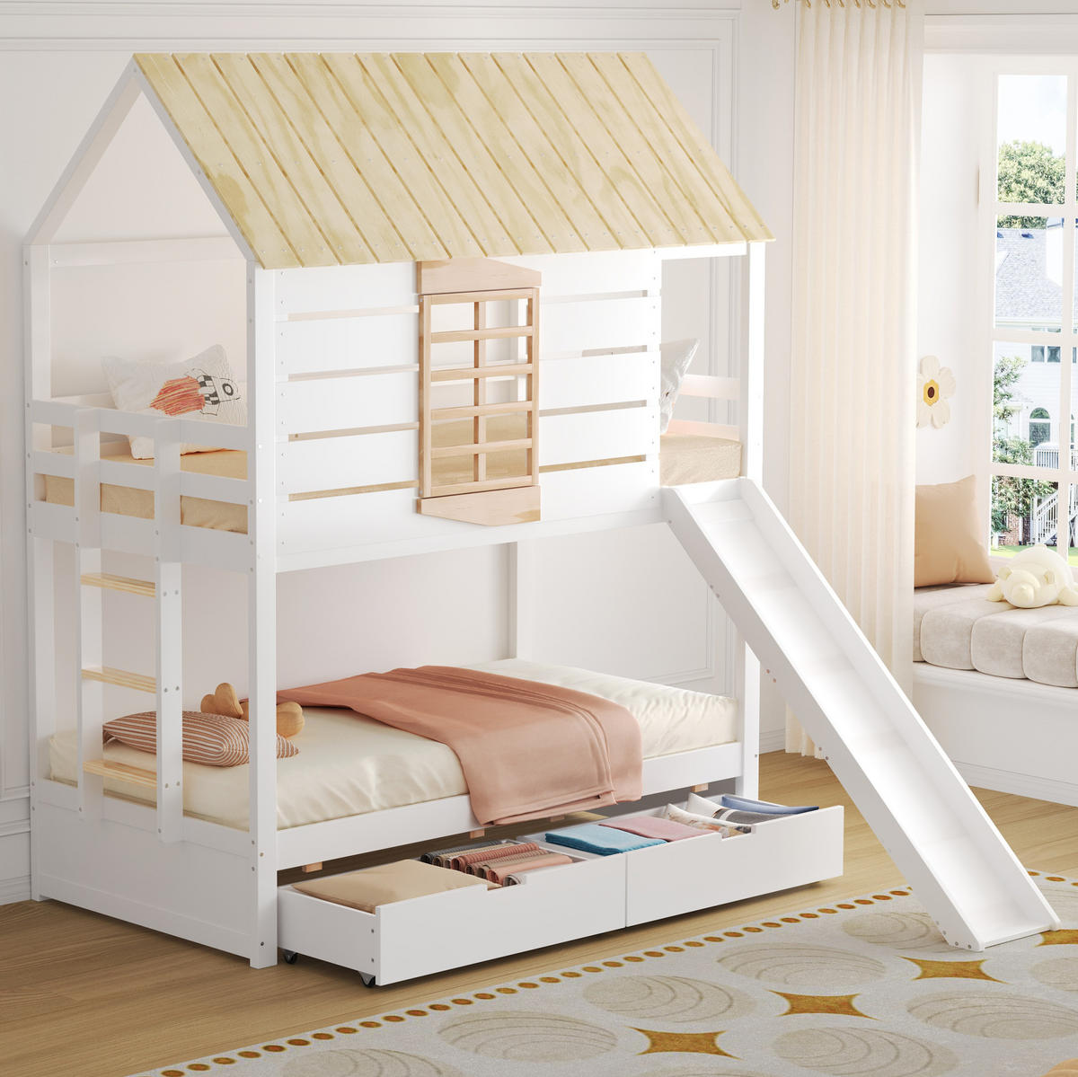 ETAGENBETT 90/200 cm weiß aus Kiefer und MDF mit Rutsche und 2 Schubladen - Weiß, Holzwerkstoff (90/200cm) - OKWISH