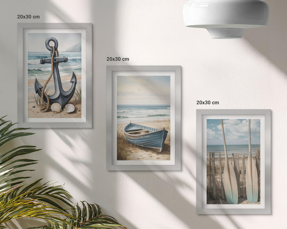 BILDER SET 3er Set - 20x30 cm Silberner Rahmen - Anker, Boot, Ruder, Strand - Silberfarben, Kunststoff (20/30cm) - TULUP