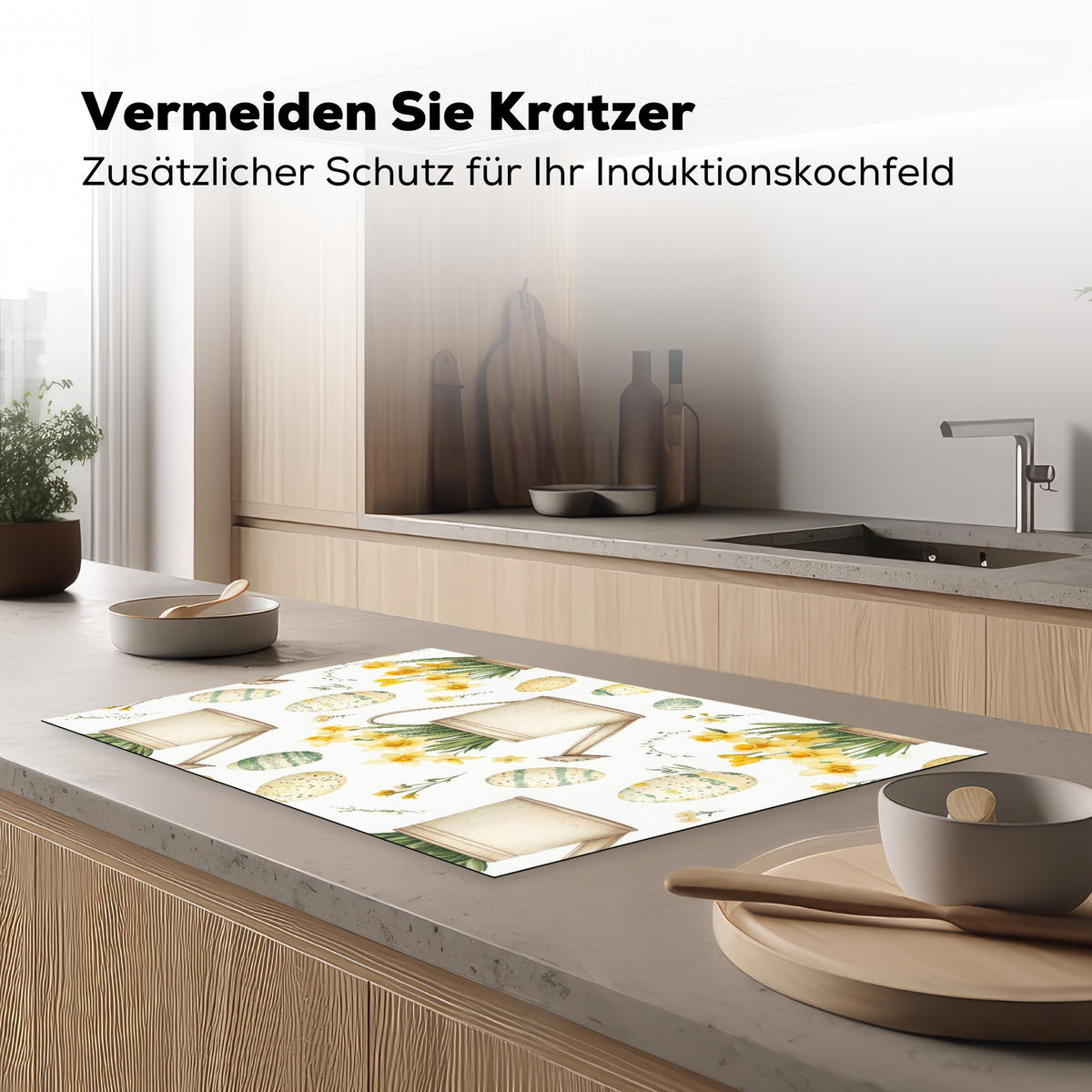 HERDABDECKPLATTE Gießkanne - Blumen - Eier Ceranfeldabdeckung 80x52 cm - Weiß, Kunststoff (80/52/0.2cm) - MuchoWow