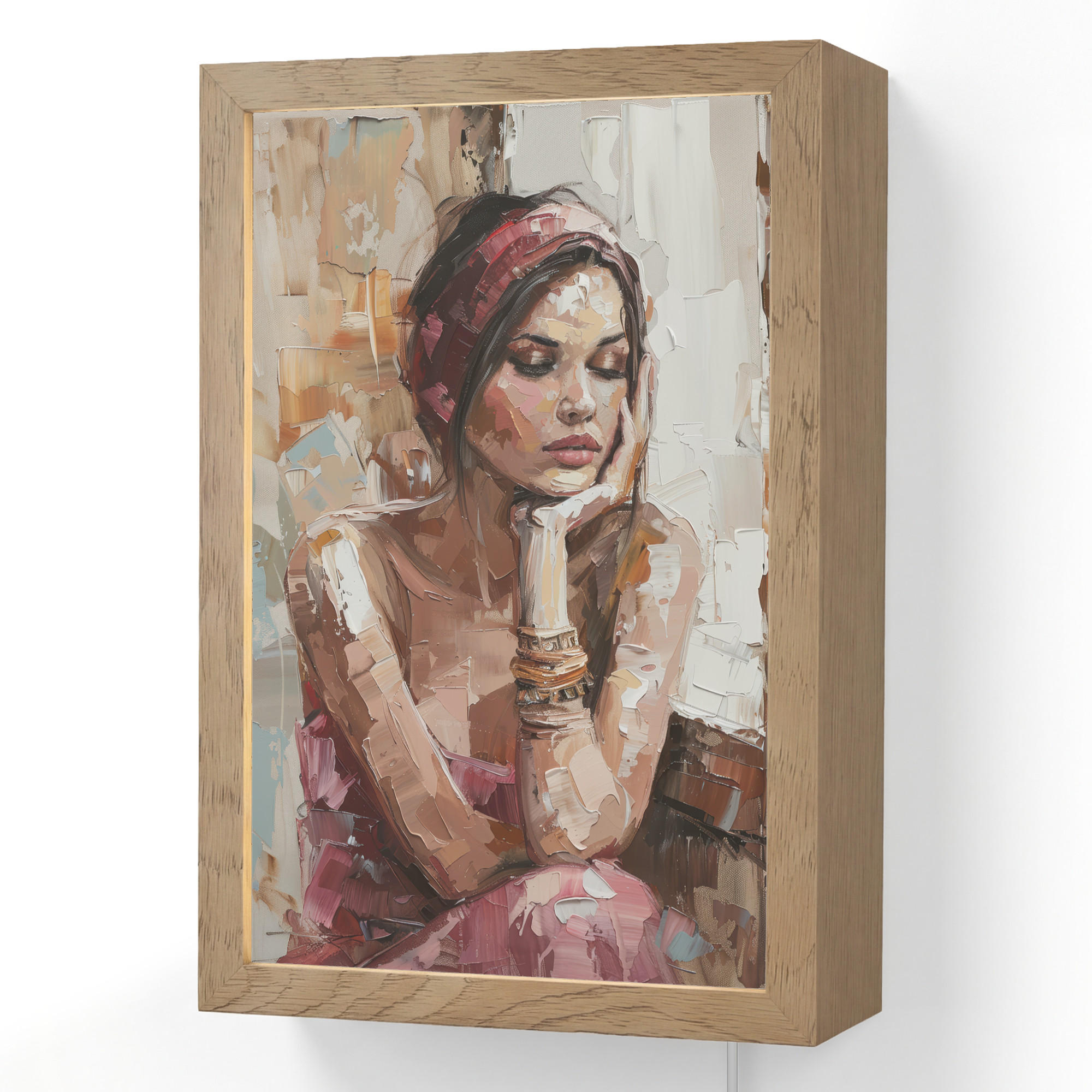 NÁSTĚNNÁ LAMPA Žena - vzhled malby - portrét - moderní 20x30 cm - hnědá, kompozitní dřevo (20/30/8cm) - OnlyWow