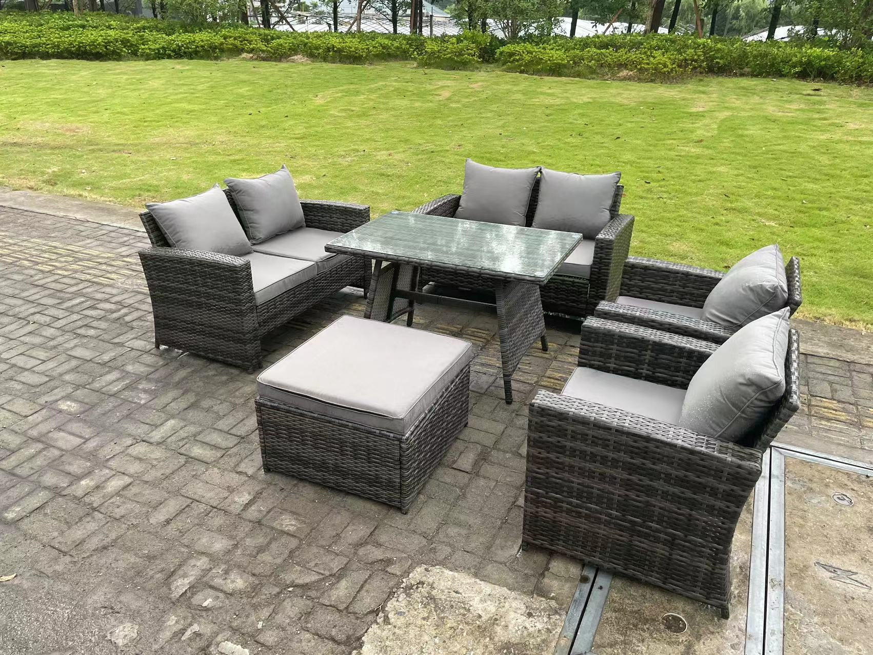 GARTENTISCHGRUPPE Polyrattan 7-Sitzer Grau - Dunkelgrau/Grau, Glas/Kunststoff - Fimous