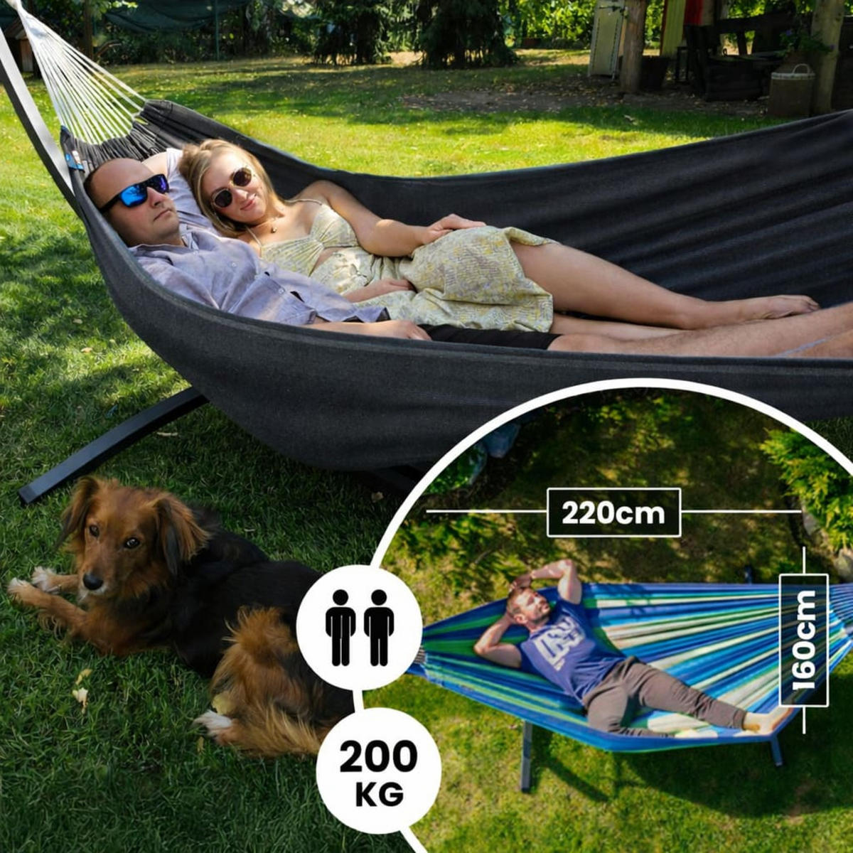 HÄNGEMATTE mit Gestell, 2 Personen, XXL, 200 kg, Metall, Grey, einfache Montage - Grau, Metall (370/130/120cm) - Potenza