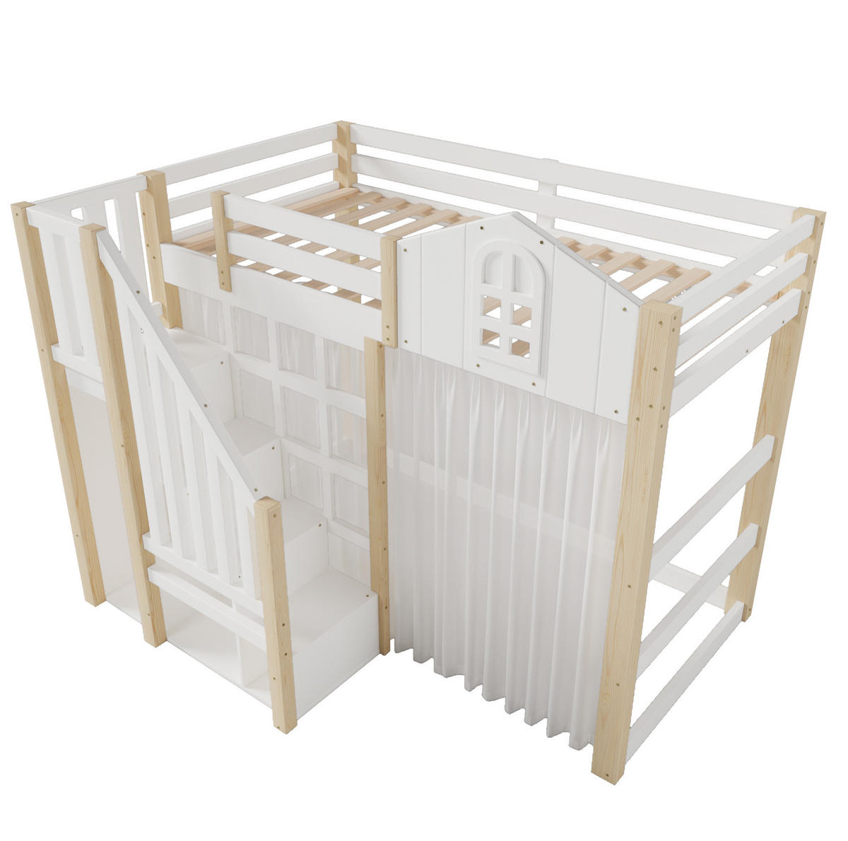 HOCHBETT 90/200 cm aus Kiefer und MDF mit LED-Beleuchtung, Ablageleiter und Gaze Weiß/Natur - Weiß, Holz (90/200cm) - Modenvie