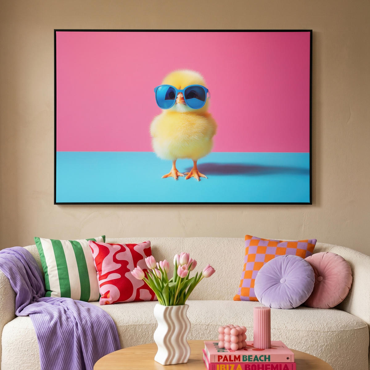 LEINWAND Bilder mit Rahmen - Chick - Sonnenbrille - Blau - 120x80 - Pink, Textil (120/80cm) - MuchoWow