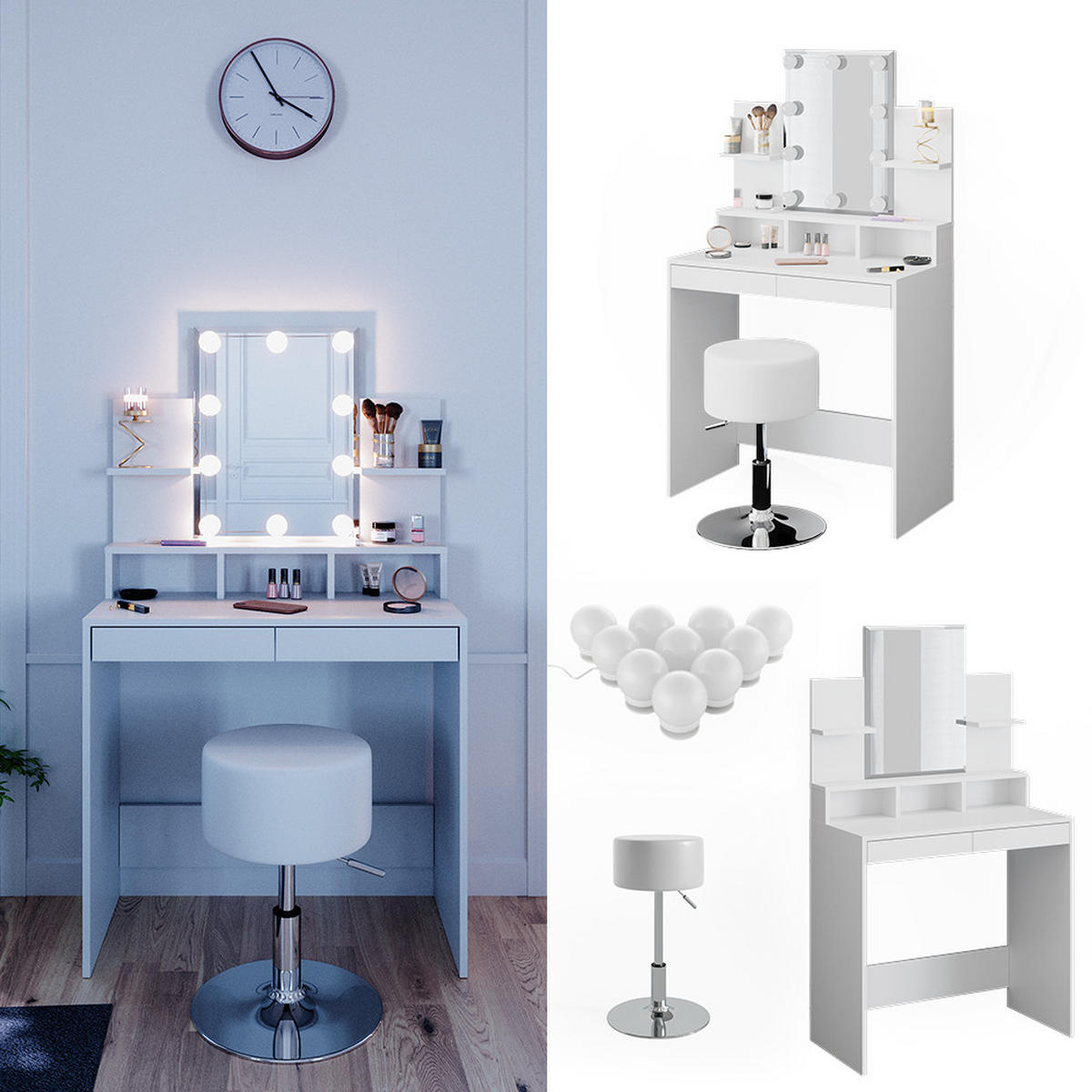 SCHMINKTISCH Ania Weiß 80 cm mit LED Beleuchtung und Hocker - Weiß, Holzwerkstoff (80/139.6/40cm) - Vicco