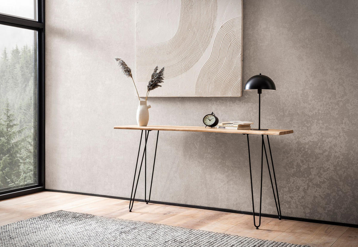 KONSOLENTISCH – Akazie Massivholz, 150x36x75 cm, mit Baumkante, Haarnadelbeine, Metallgestell - Schwarz/Akaziefarben, Holz/Metall (36/150/75cm) - KADIMA DESIGN