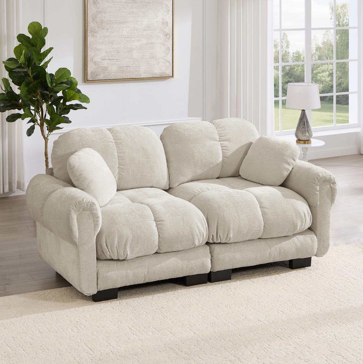 SOFA 190/86/90 cm in Hellkhaki aus Chenille mit Steppnähten - Sandfarben, Textil (86/90/190cm) - Flora Grace