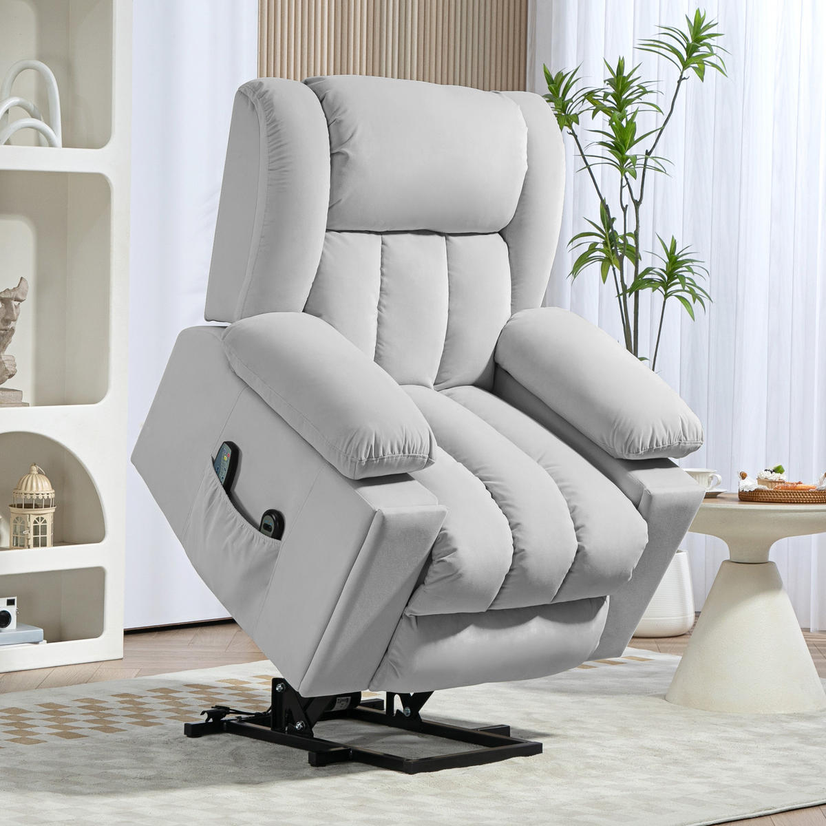 FERNSEHSESSEL mit Aufstehhilfe Relaxsessel mit Massage-/ Wärme-/Liegefunktion - Hellgrau, Textil (93/104/101cm) - HOMCOM