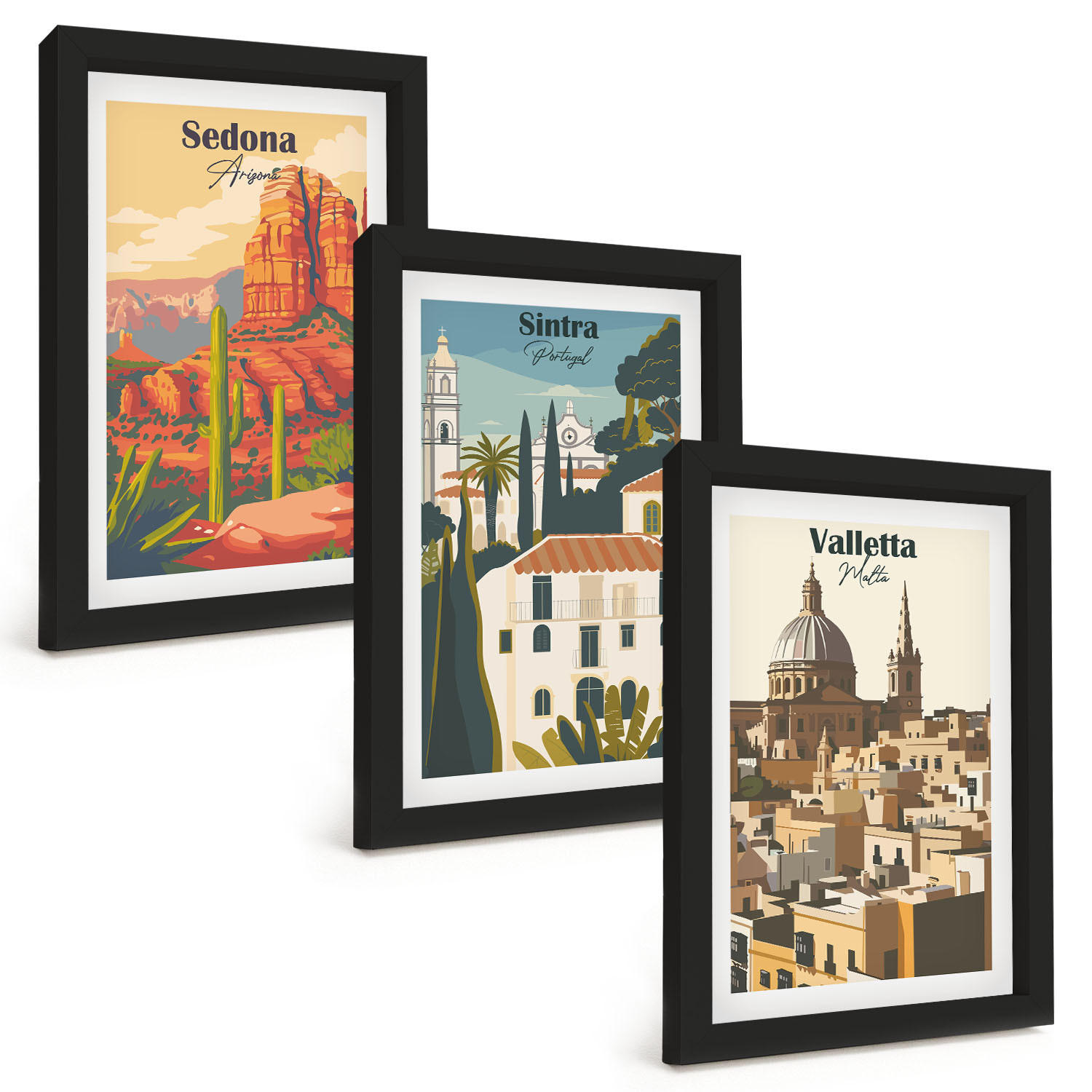 BILDER SET 3er Set - 20x30 cm Schwarzer Rahmen - Ansichten Sedona Sintra Valletta Retro - Schwarz, Kunststoff (20/30cm) - TULUP