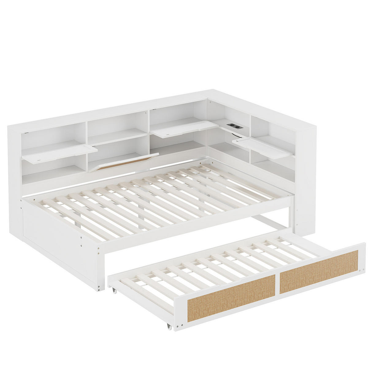 BETT 140/200 cm aus Holz mit Ausziehbett, Stauraum und USB, Weiß - Weiß, Holz (140/200cm) - Flora Grace