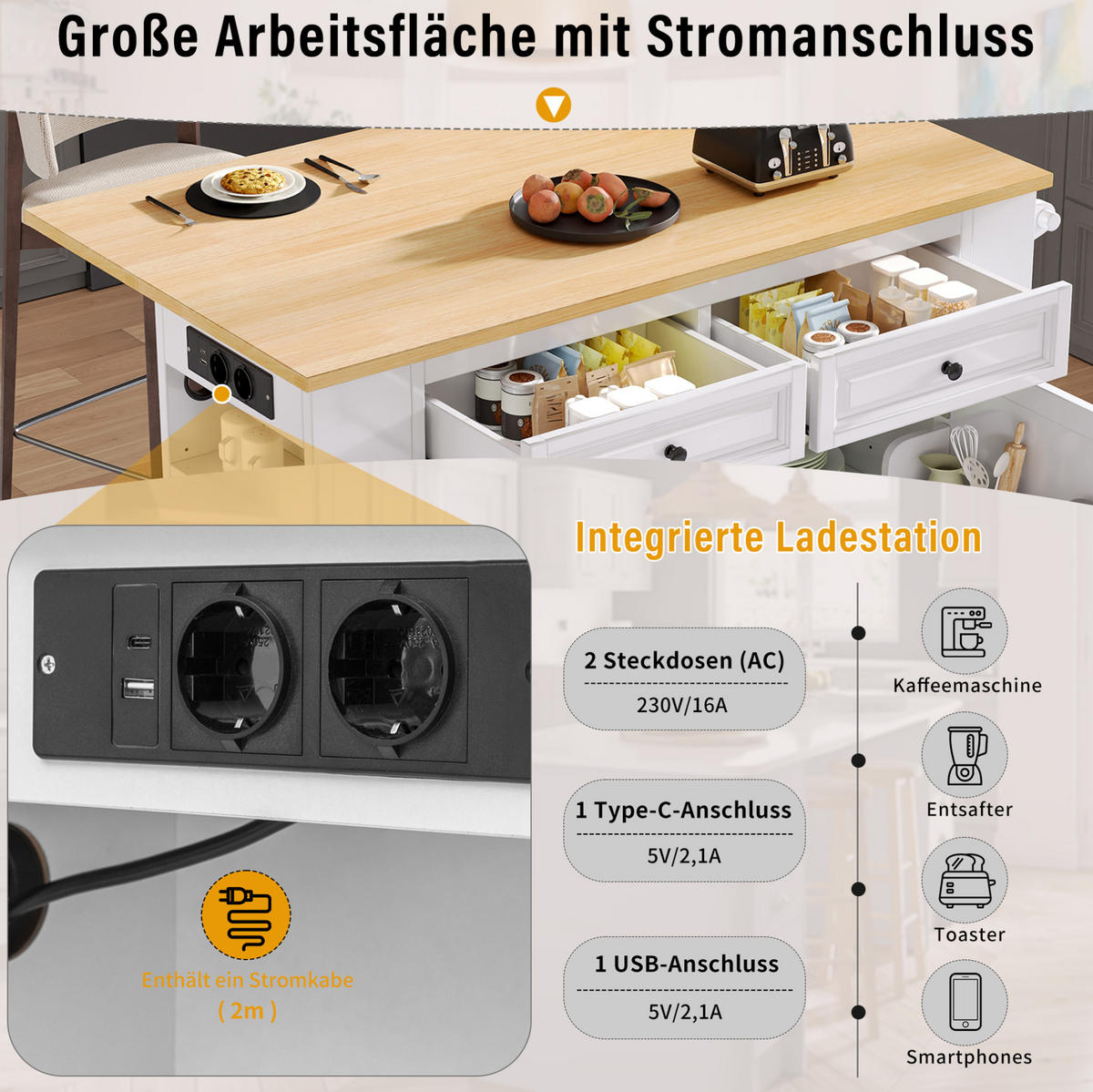 KÜCHENINSEL 120/92/40-70 cm Weiß/Natur aus MDF und Holzwerkstoff mit Rollen - Weiß, Holzwerkstoff (70/92/120cm) - OKMYHOME