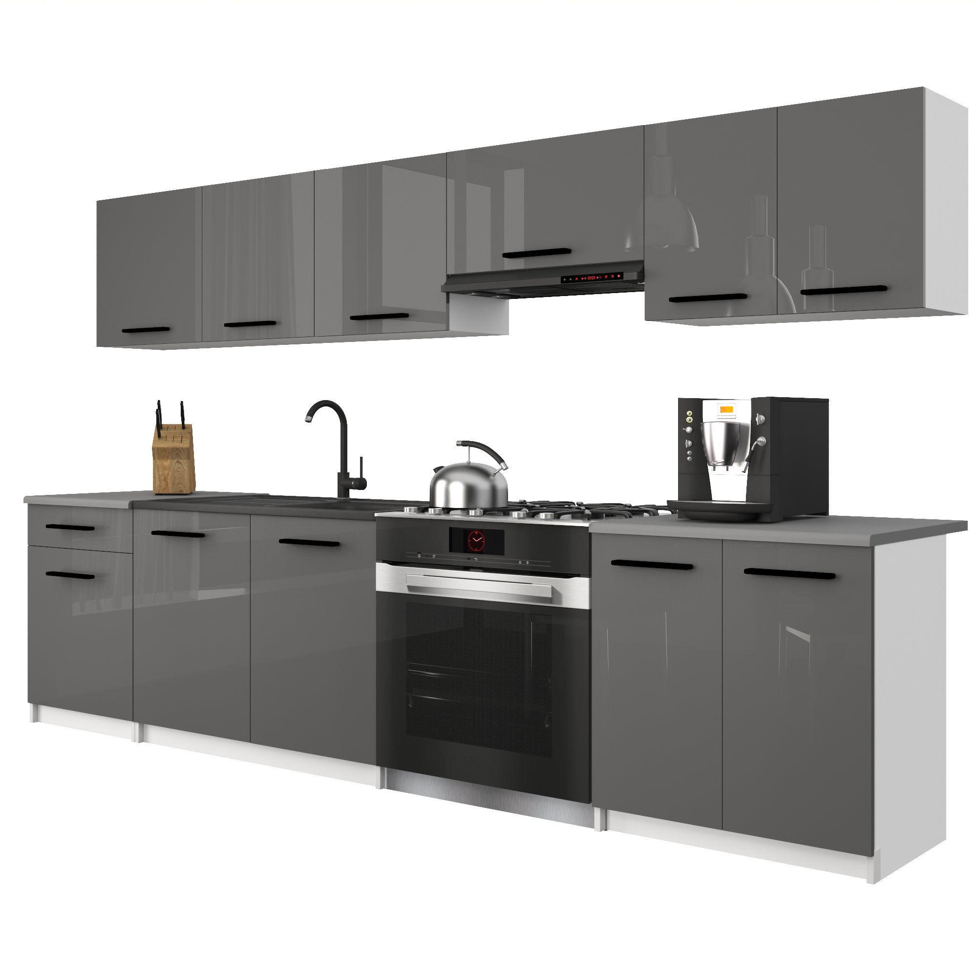 KÜCHENZEILE Italia 2 240 cm, mit Arbeitsplatten, Grau Hochglanz - Grau, Holz (240/143/60cm) - B BELINI GROUP