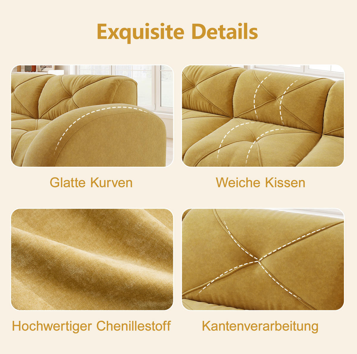 SOFA in Gelb aus Chenille mit flexiblem Sitzkomfort - Gelb, Textil (95/76/204cm) - Flora Grace