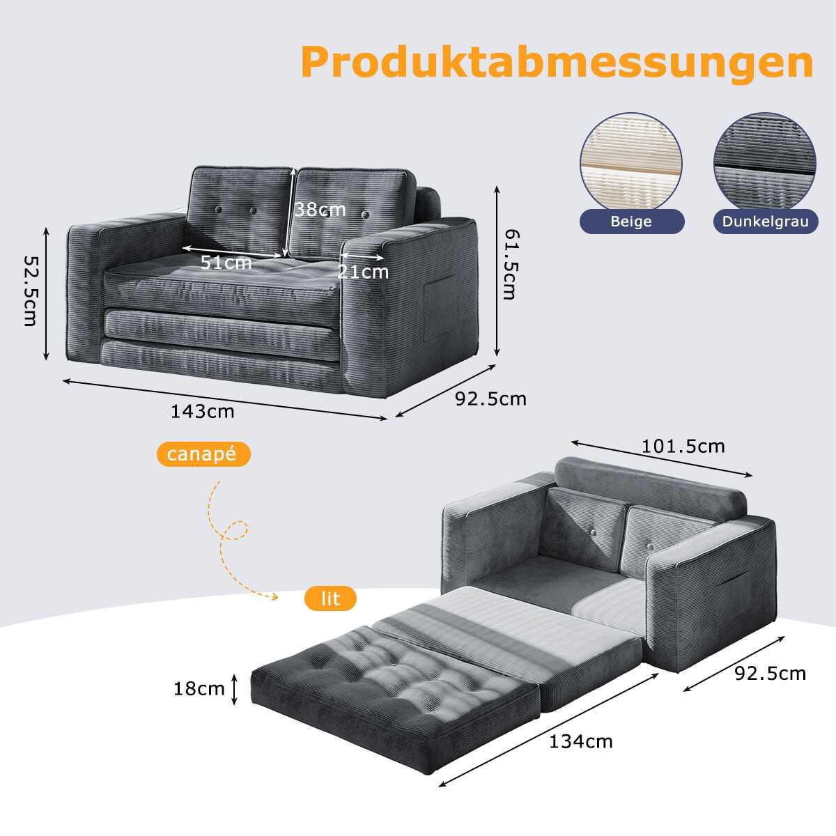 SOFA 2-Sitzer, 143 CM, mit 2 Kissen und Armlehnen,für Wohnzimmer, Schlafzimmer,aus Cord,Grau - Grau, Textil (92/42/143cm)