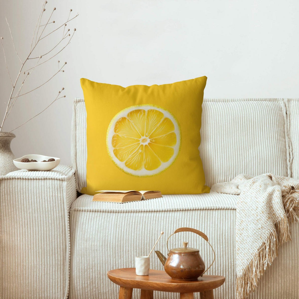 KISSENBEZUG Große glückliche Zitrone auf Gelb 40/40 cm - Gelb, Textil (40/40cm) - Bilderwelten