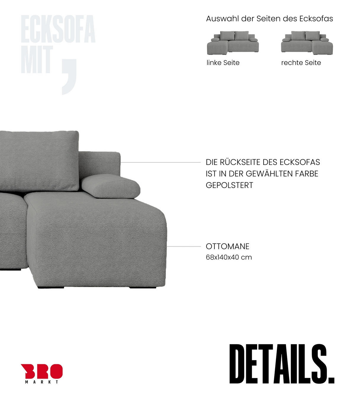 ECKSOFA Ernest mit Schlaffunktion Grau Bouclé - Grau, Textil (200/145cm) - Bromarkt