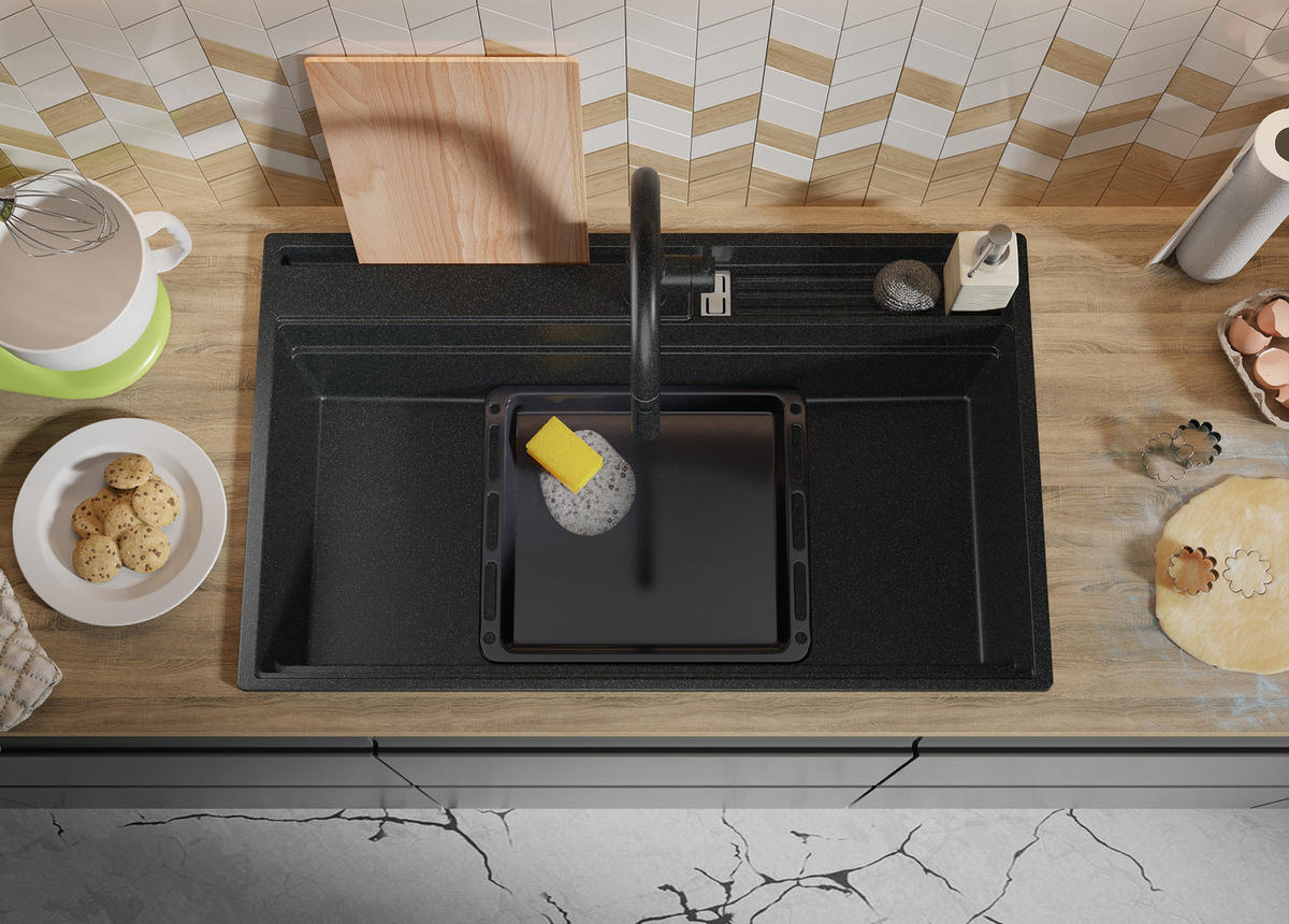 SPÜLBECKEN Oslo Pocket, 2-er set Anthrazit 88/53 cm 1 Becken + Ablauf-Set + Küchenzubehörset ab 90er Unterschrank - Chromfarben/Anthrazit, Kunststoff (88/20/53cm) - Primagran