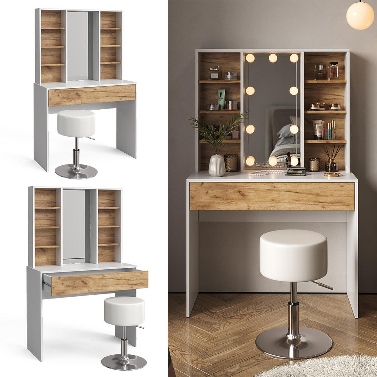 SCHMINKTISCH Alexa Goldkraft Eiche/Weiß 93 cm mit Hocker - Honigeiche/Weiß, Holzwerkstoff (93/147/40cm) - Vicco