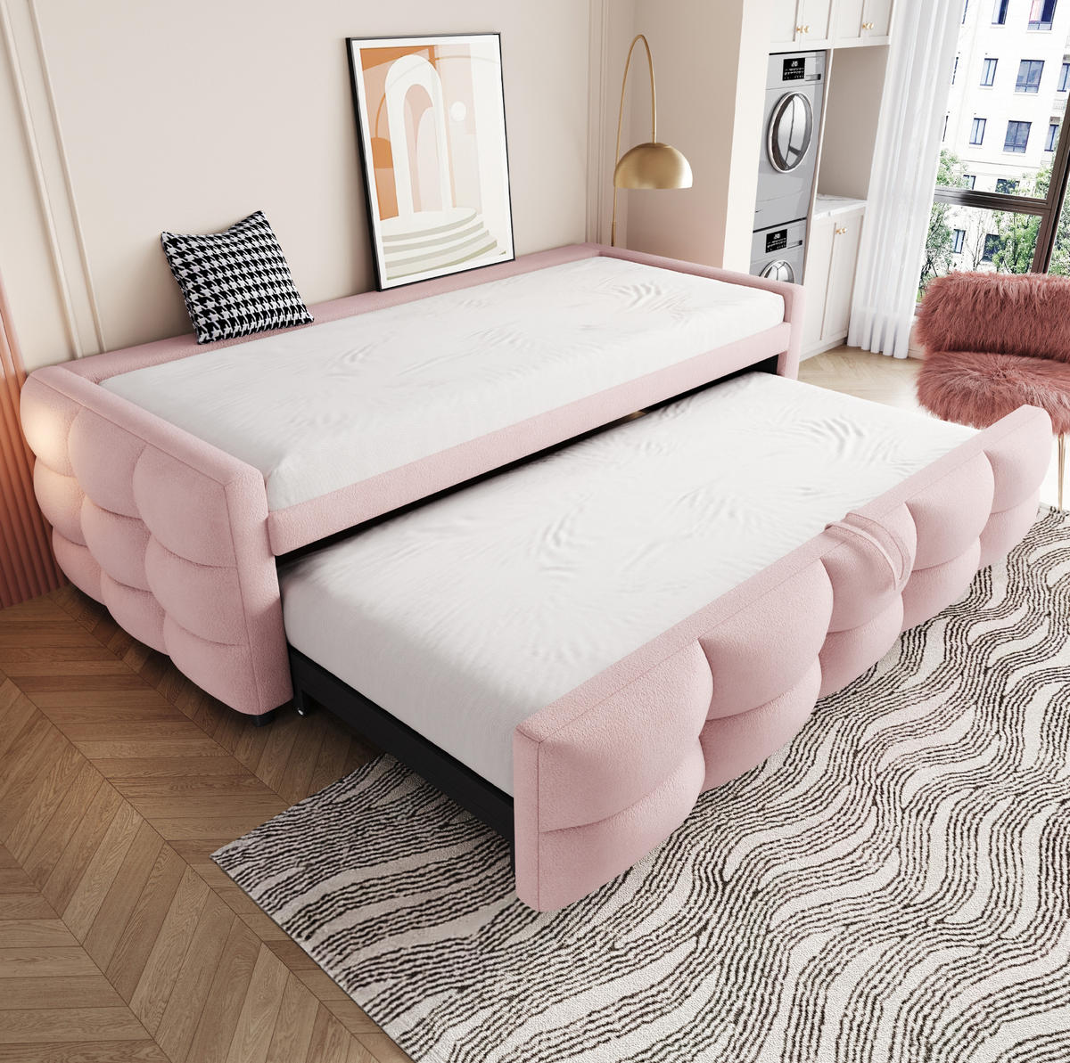 POLSTERBETT 90/190 cm aus Teddy-Samt mit Ausziehfunktion und Lattenrost, Rosa - Rosa, Textil (90/190cm) - Redom