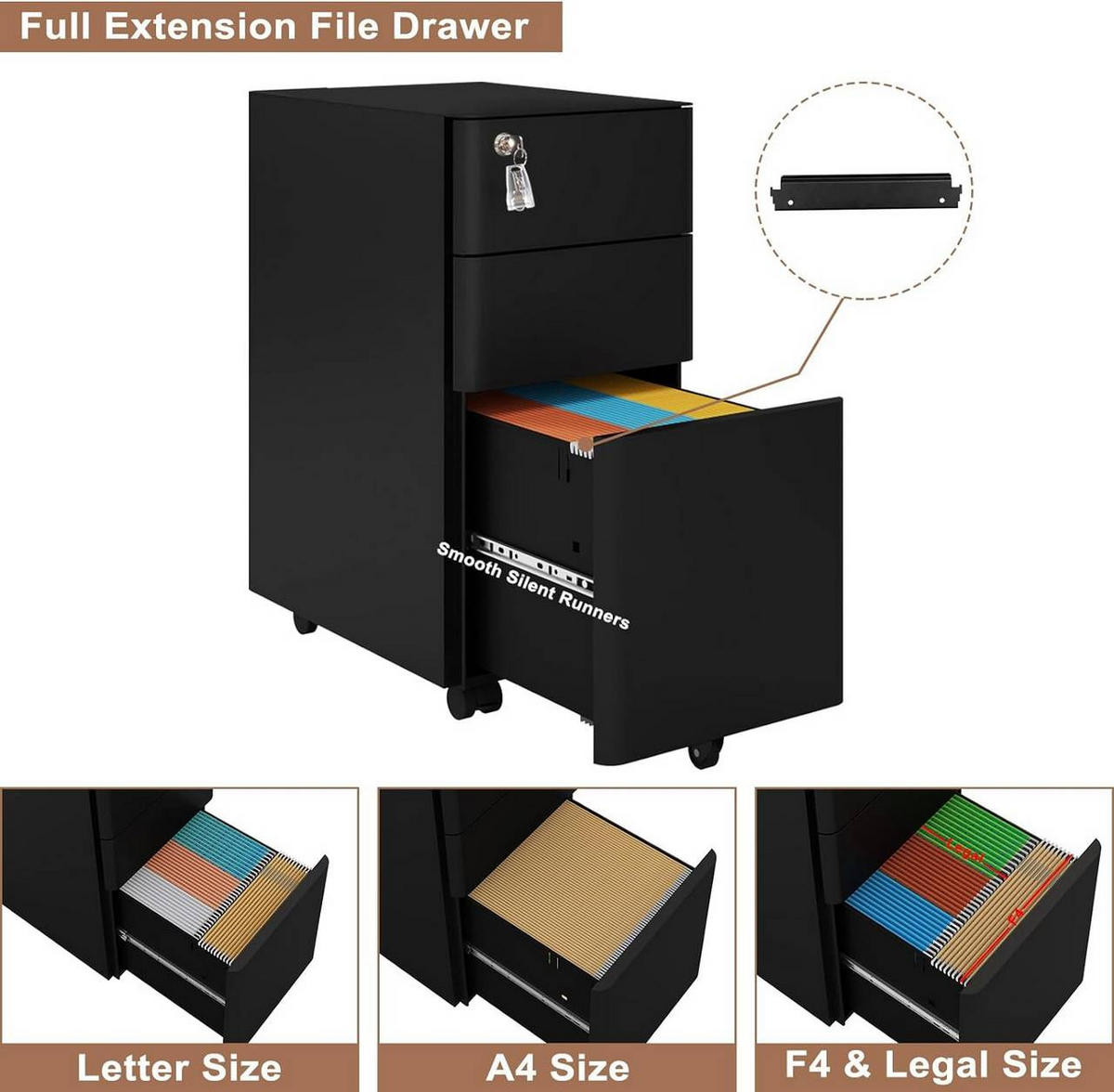 ROLLCONTAINER abschließbar, mit 3 Schubladen, Schwarz - Schwarz, Metall (30/60/45cm) - Woltu