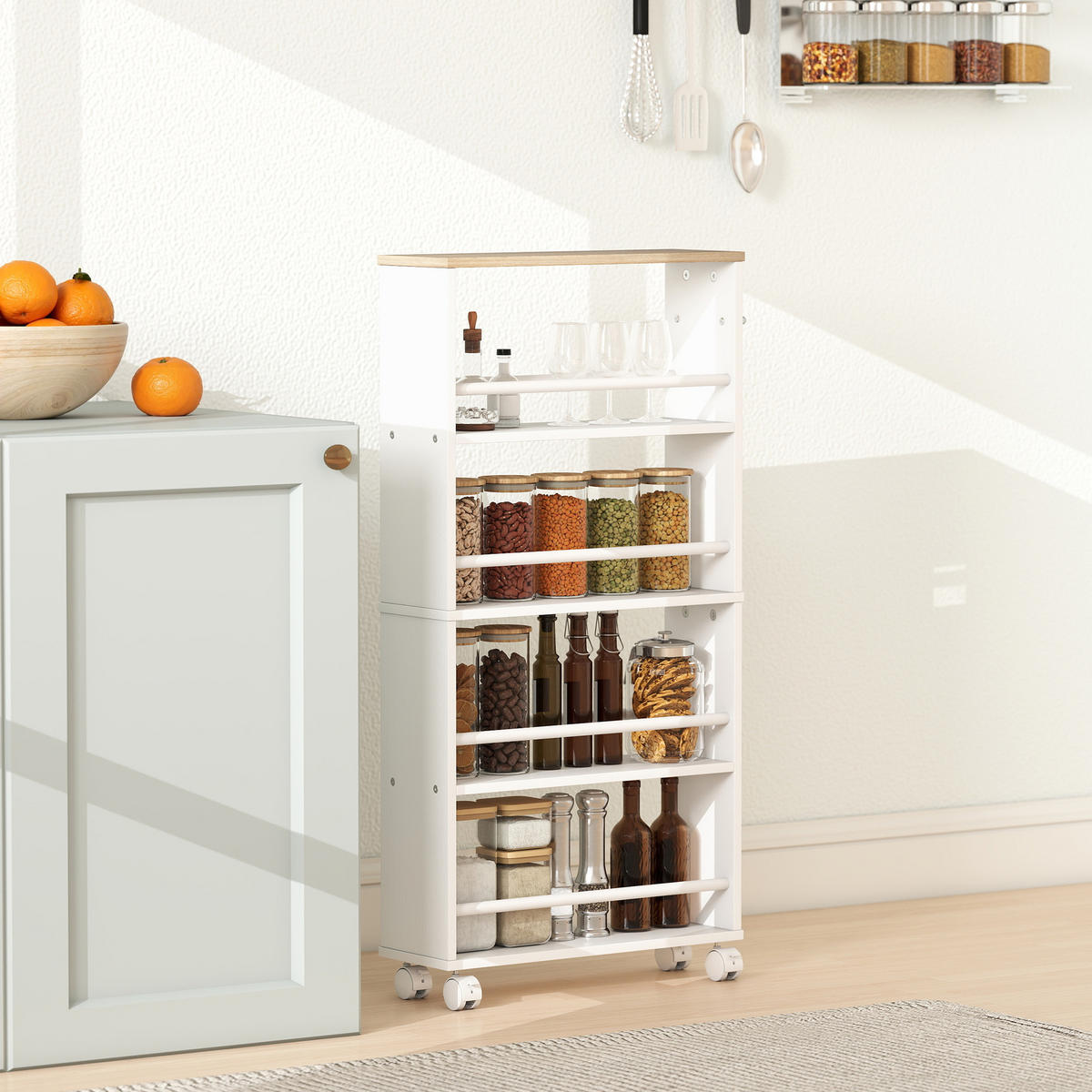 ROLLWAGEN, Schmaler Servierwagen mit 4 Etagen, Griffe, für Küche, Natur - Silberfarben/Naturfarben, Holzwerkstoff/Metall (15/91/45cm) - HOMCOM