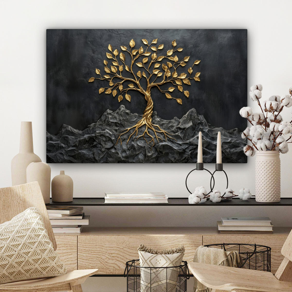 LEINWANDBILD Blätter - Gold - Baum - Fels Wanddeko 90x60 cm - Schwarz, Textil (90/60cm) - MuchoWow