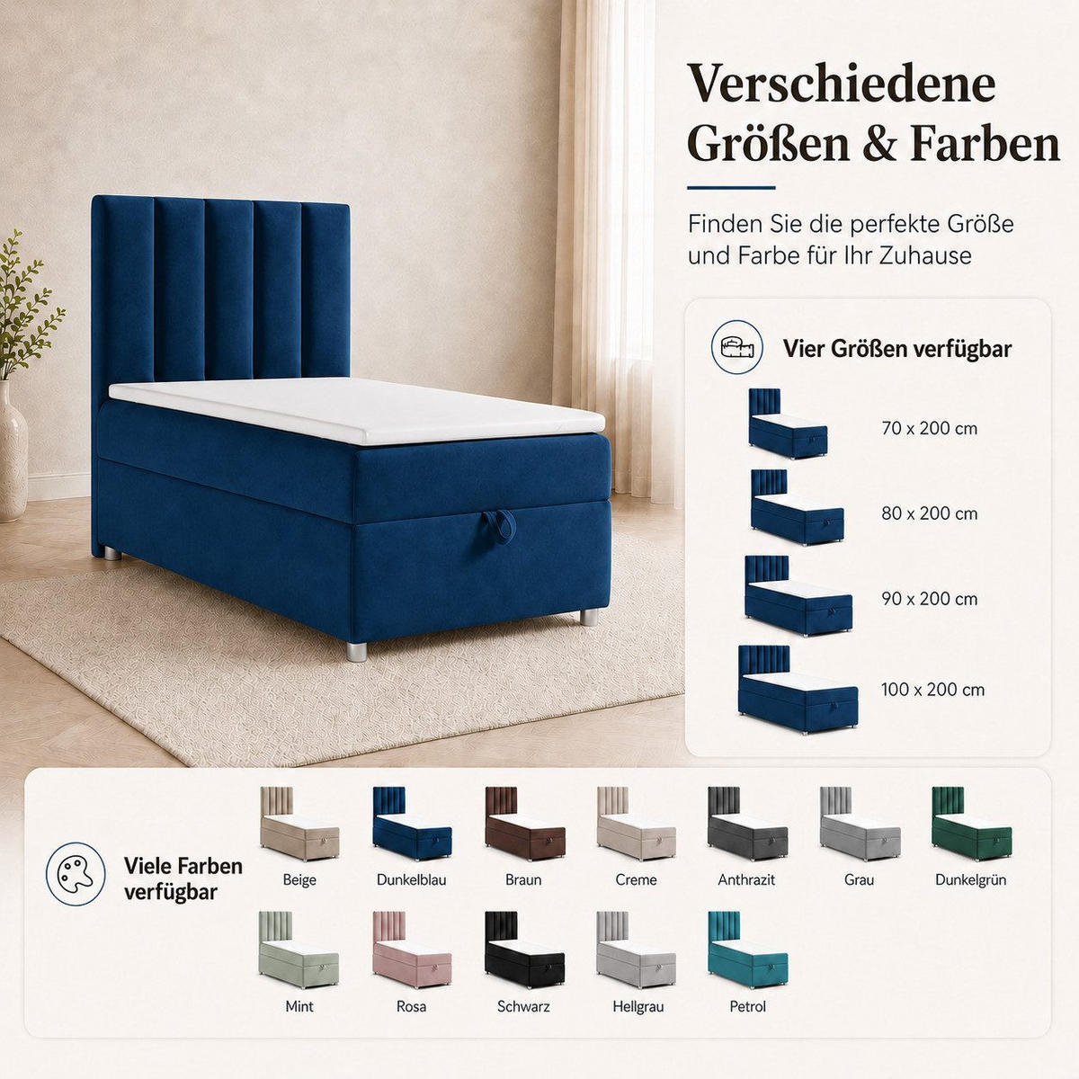 BOXBETT mit Bettkasten Trinity K-10 SINGLE Bonellfederkern inkl. Topper - Blau, Holz/Holzwerkstoff (90/200cm) - Best For Home