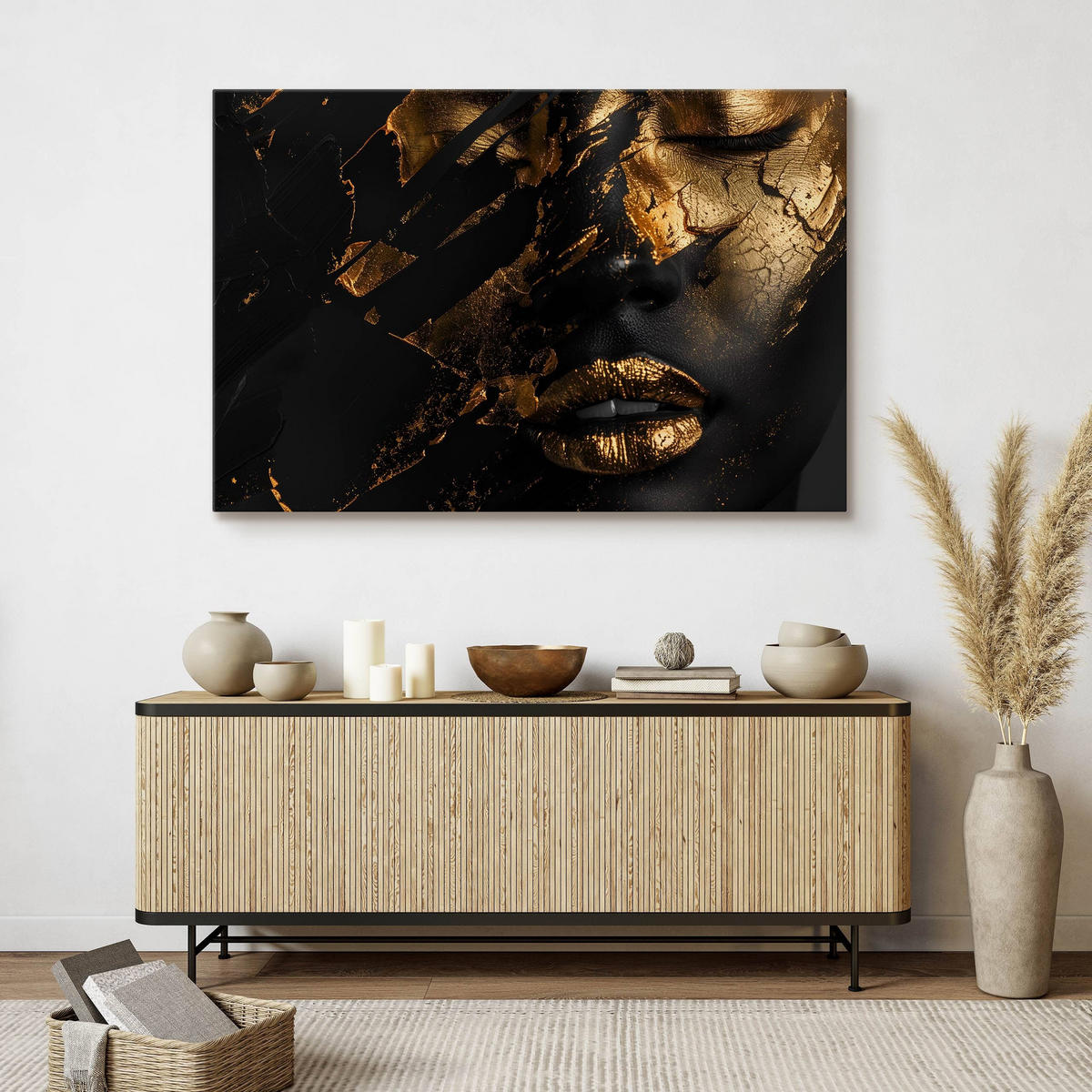 LEINWANDBILD für Wohnzimmer abstraktes Porträt Frau Glamour 90cm x 60cm - Beige/Schwarz, Textil (90/60cm) - Muralo