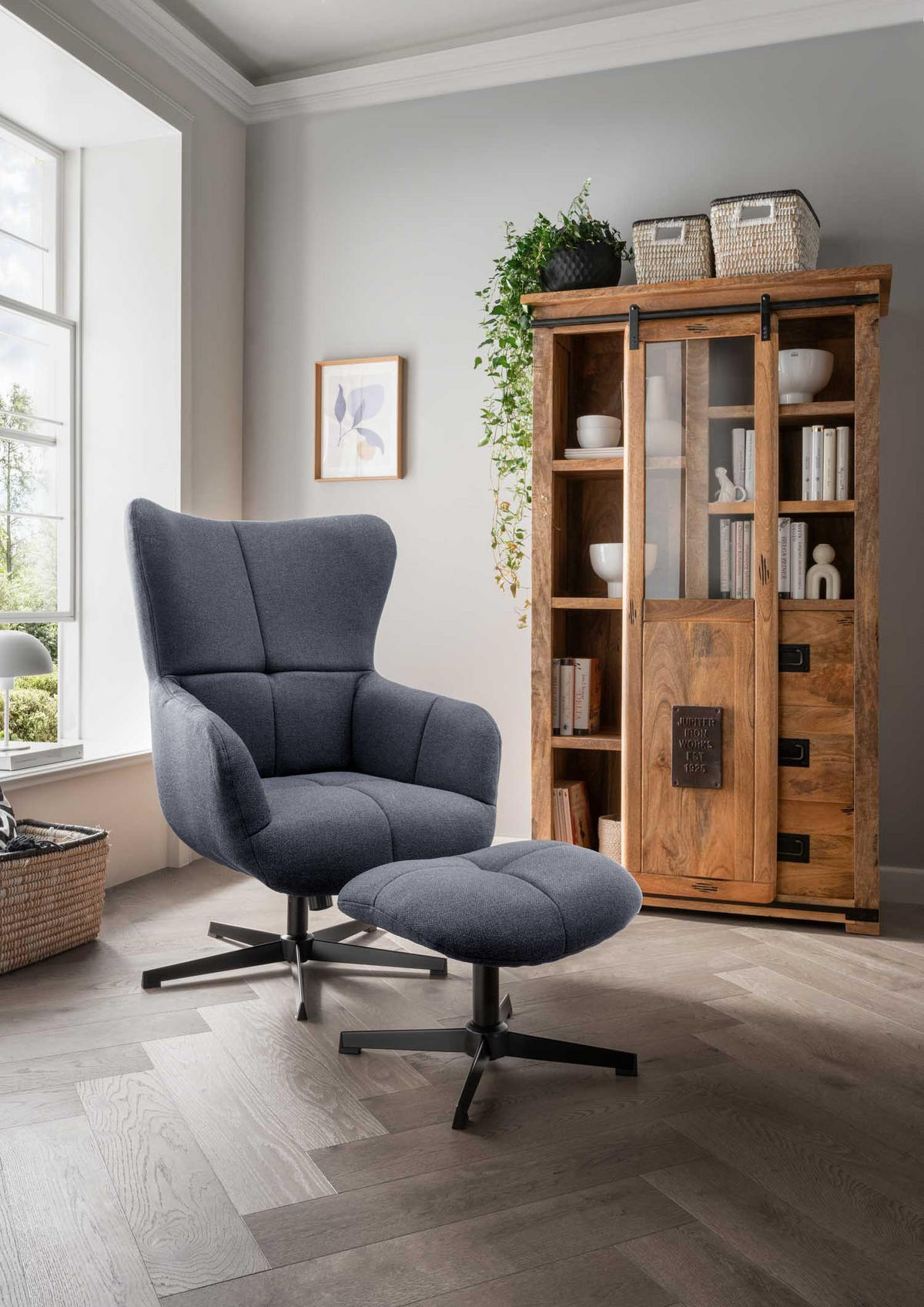 OHRENSESSEL Sava inkl. Fußhocker - Blau/Schwarz, Textil/Metall (74/104/86cm) - Mr. Deko