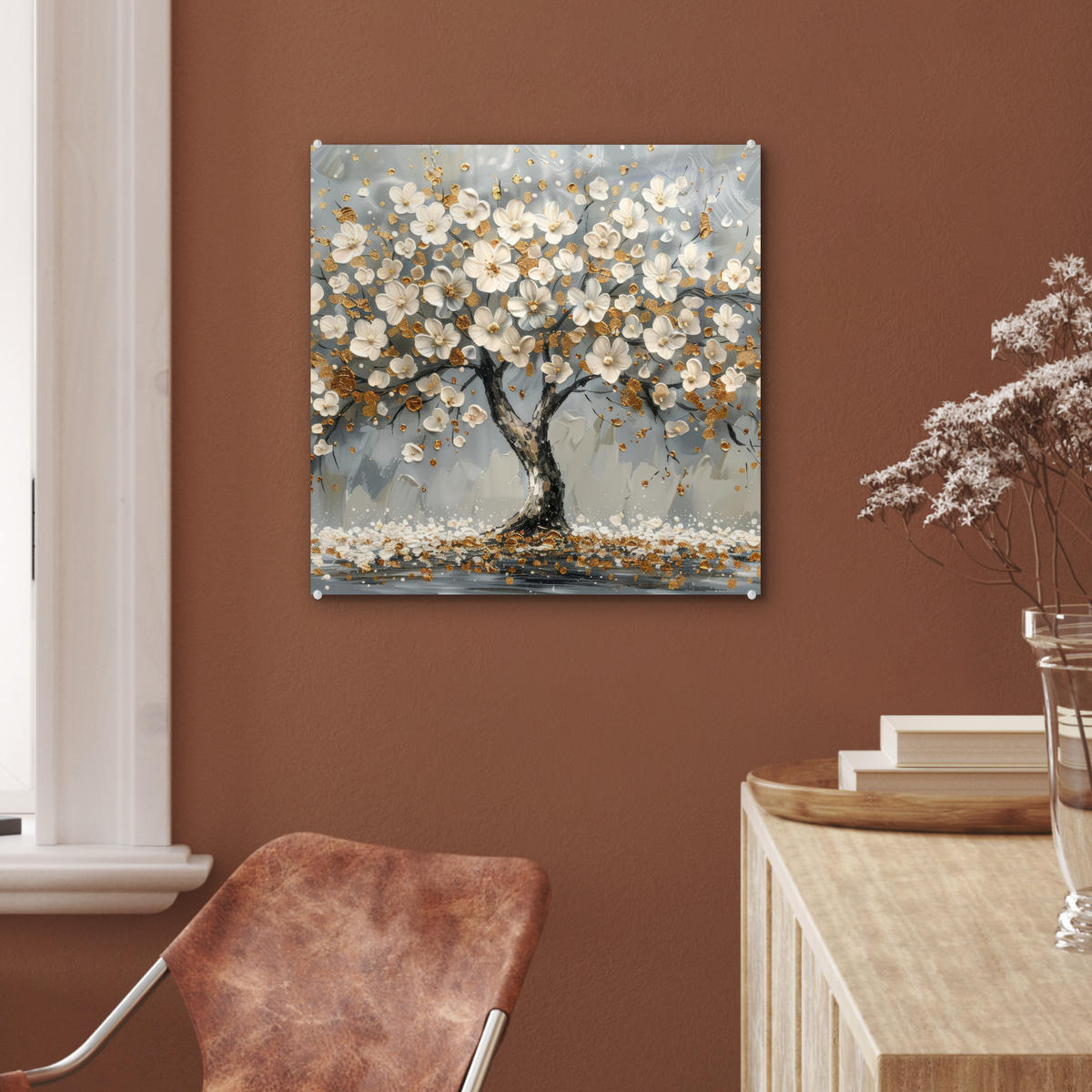 ACRYLGLASBILD Baum - Blumen - Weiß - Natur - Kunst 50x50 cm - Weiß, Glas (50/50cm) - MuchoWow