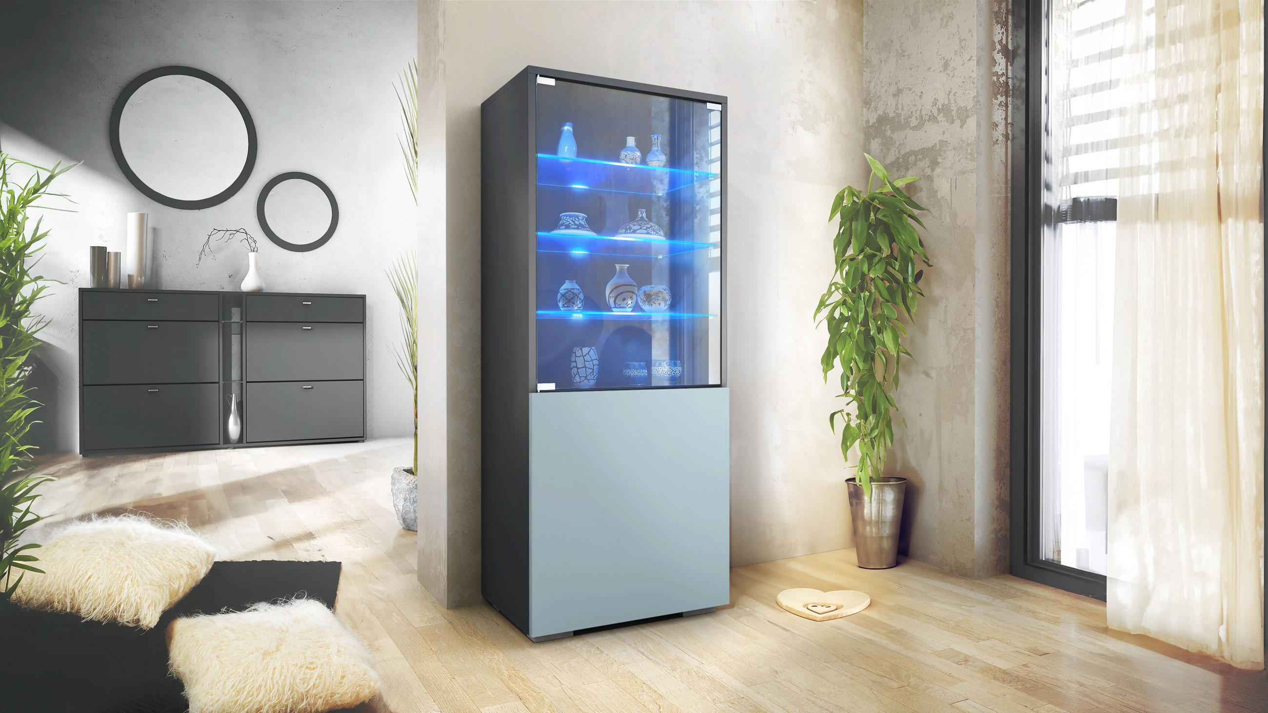 VITRINE Granada Denim matt - Pastellblau, Holzwerkstoff (50/122.5/34.5cm) - Vladon